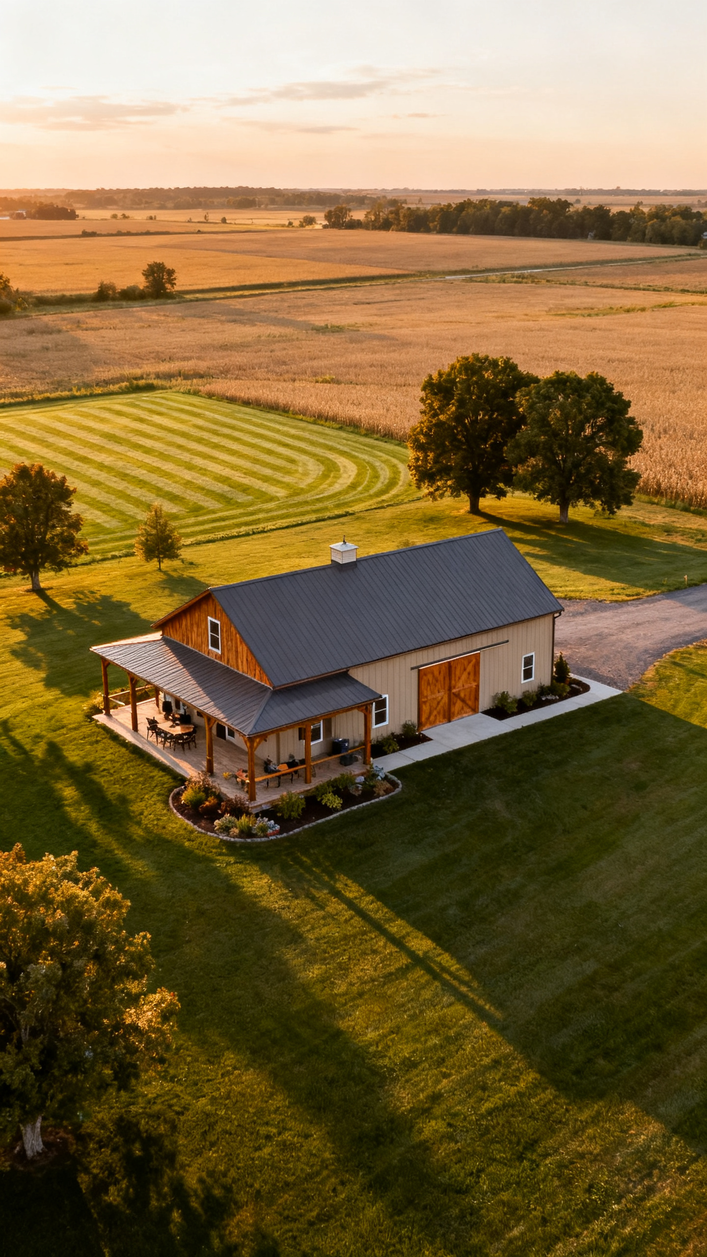 Ohio barndominium on rural land with defined lawn, mature trees, and surrounding open countryside