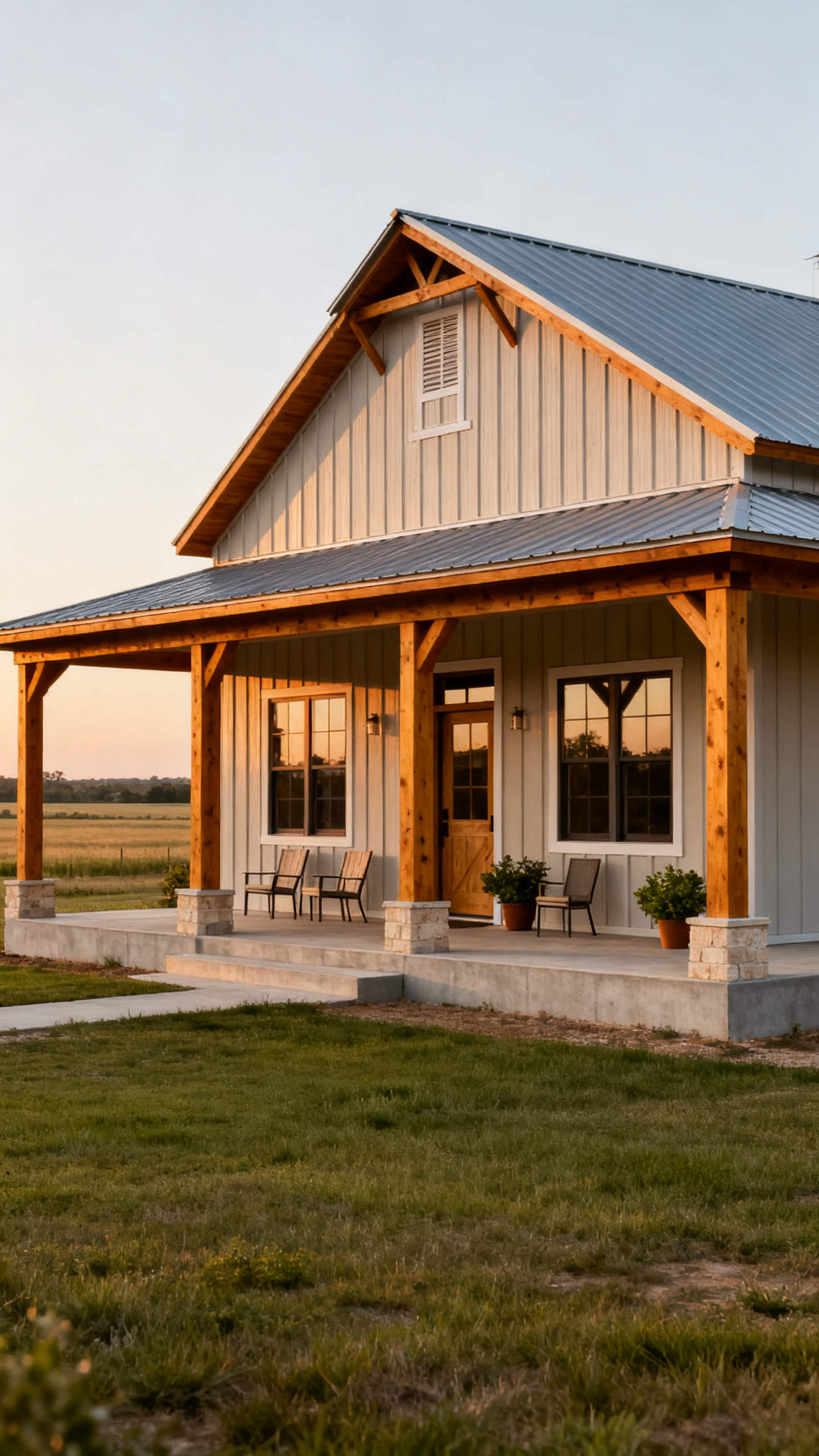 Texas barndominium with a wide covered porch and warm wood accents