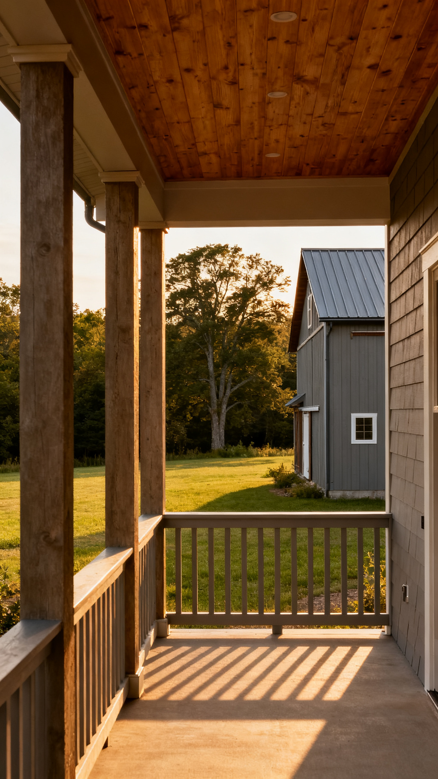 Covered porch on a Massachusetts barndominium with warm wood details and open lawn