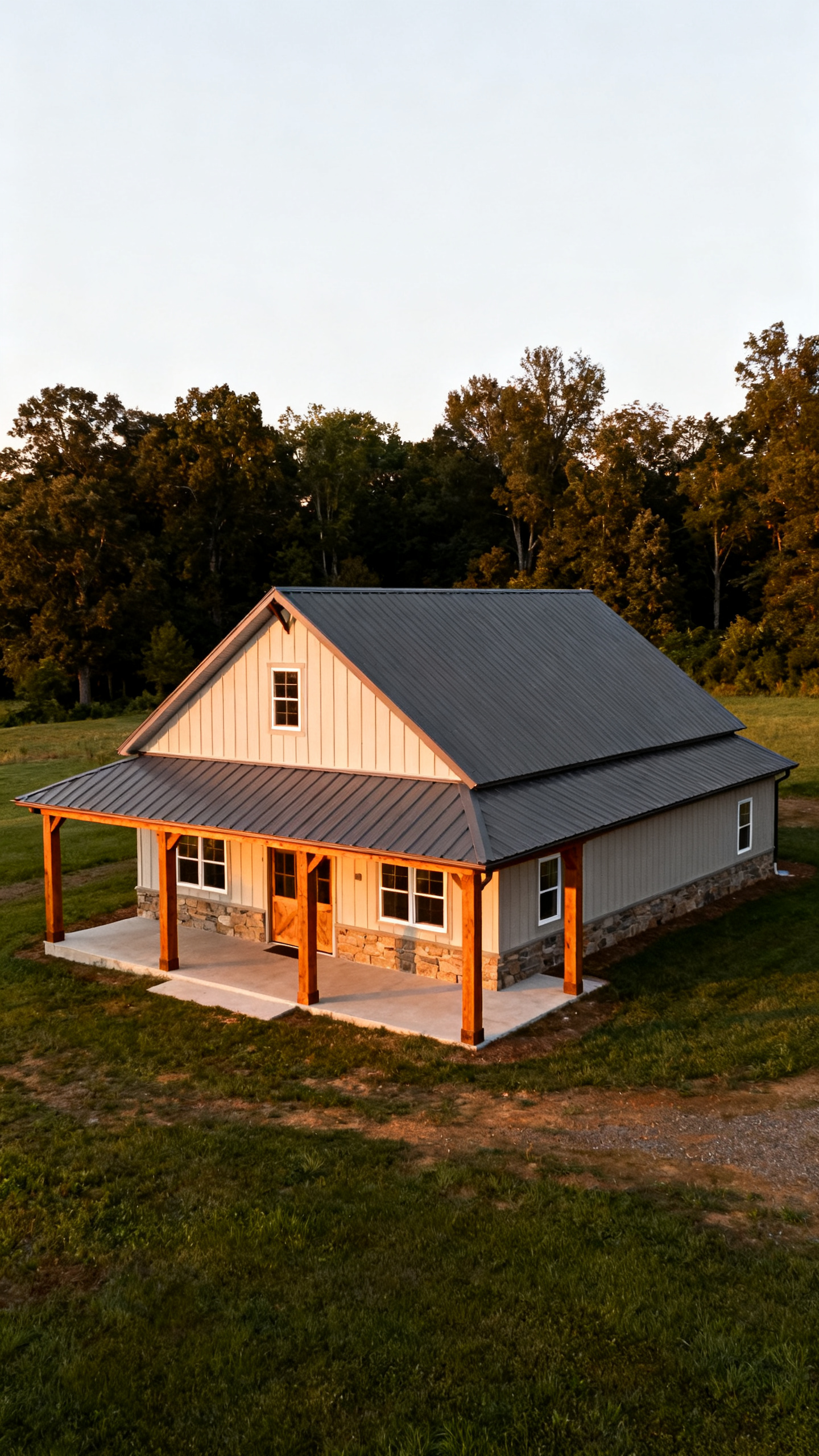 Virginia barndominium with a clean gabled metal roof and covered porch in rural setting