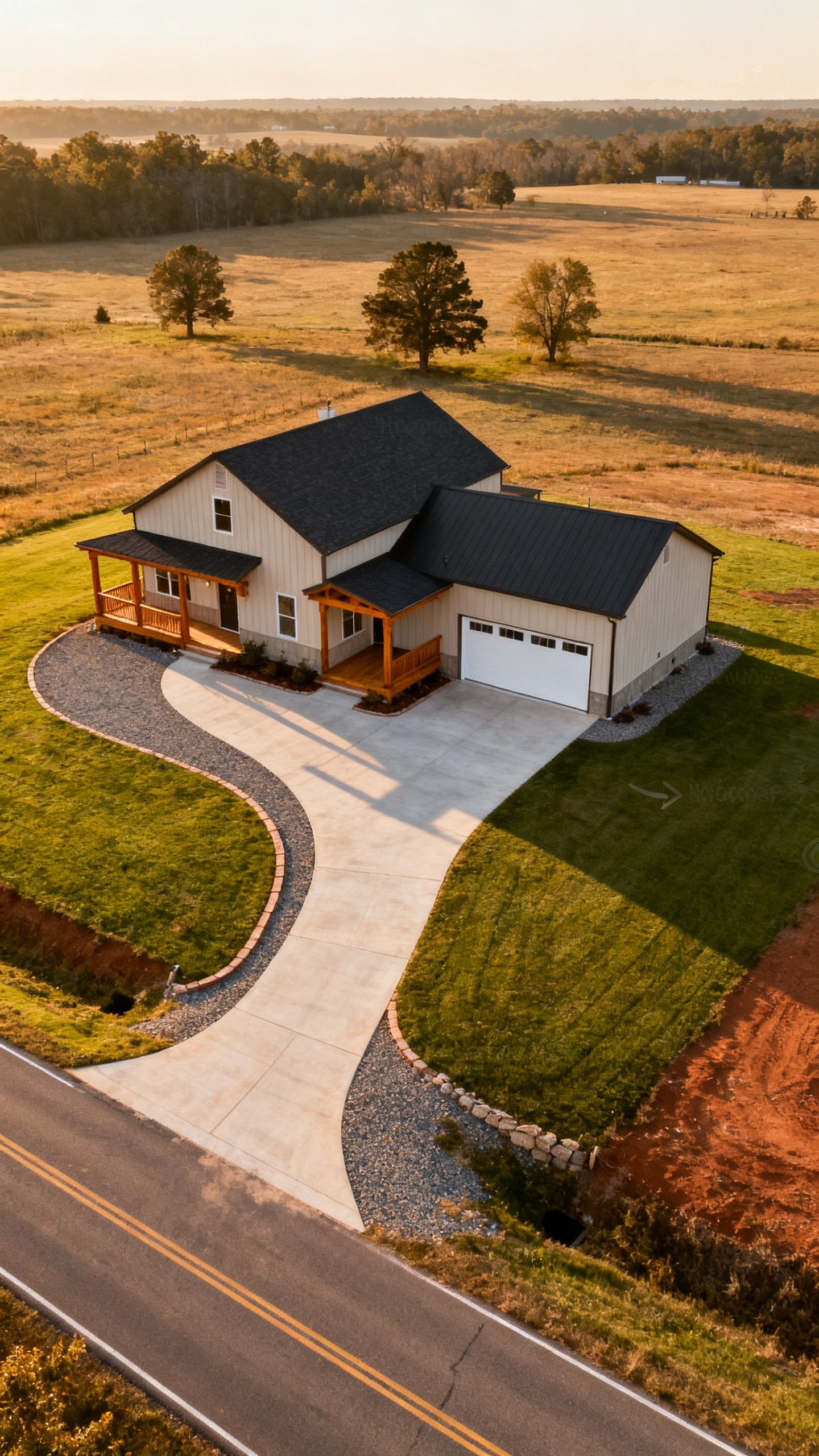 Arkansas barndominium with an intentional driveway layout and open rural lawn