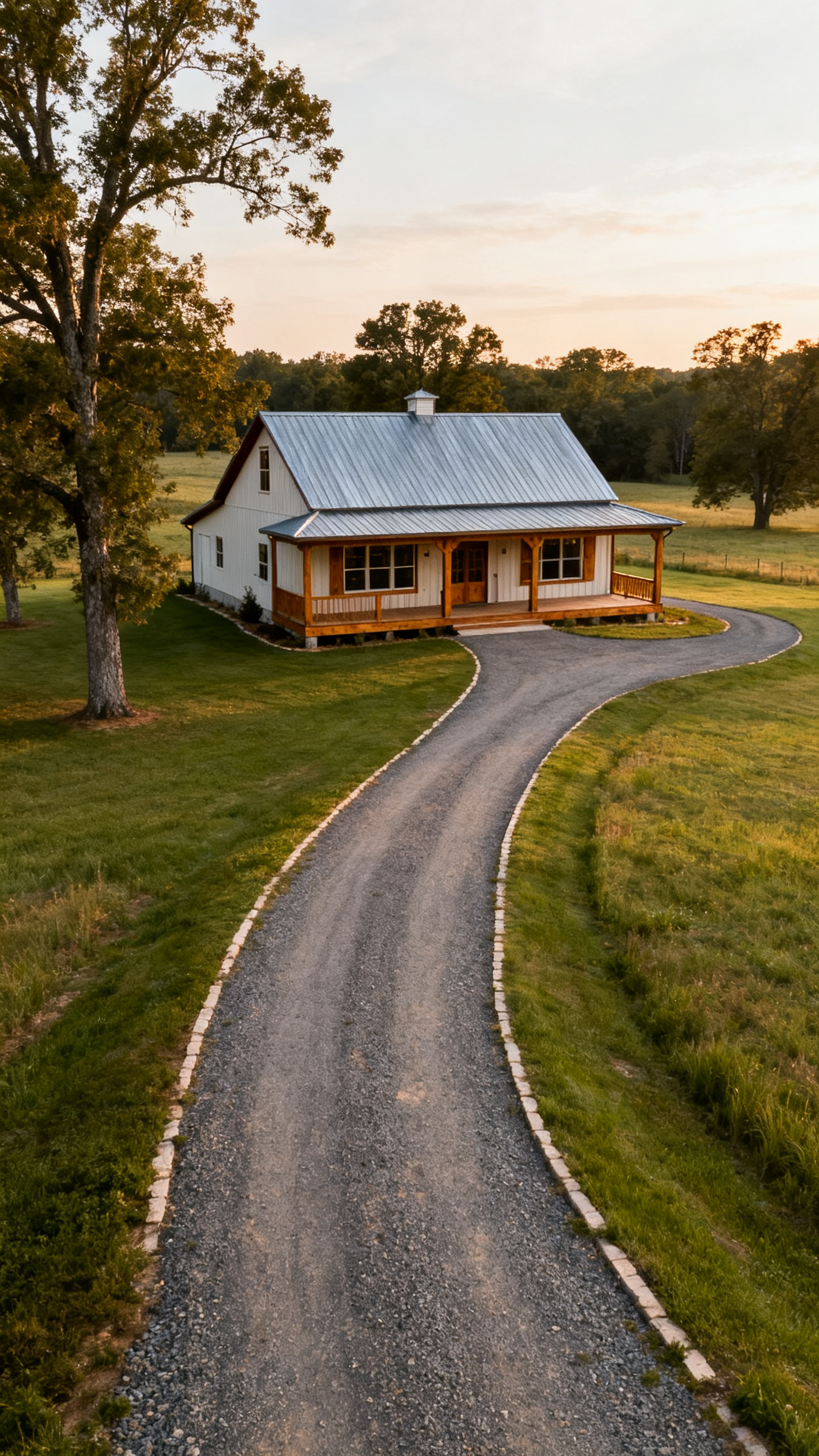 Virginia barndominium with a long driveway leading through open lawn and trees