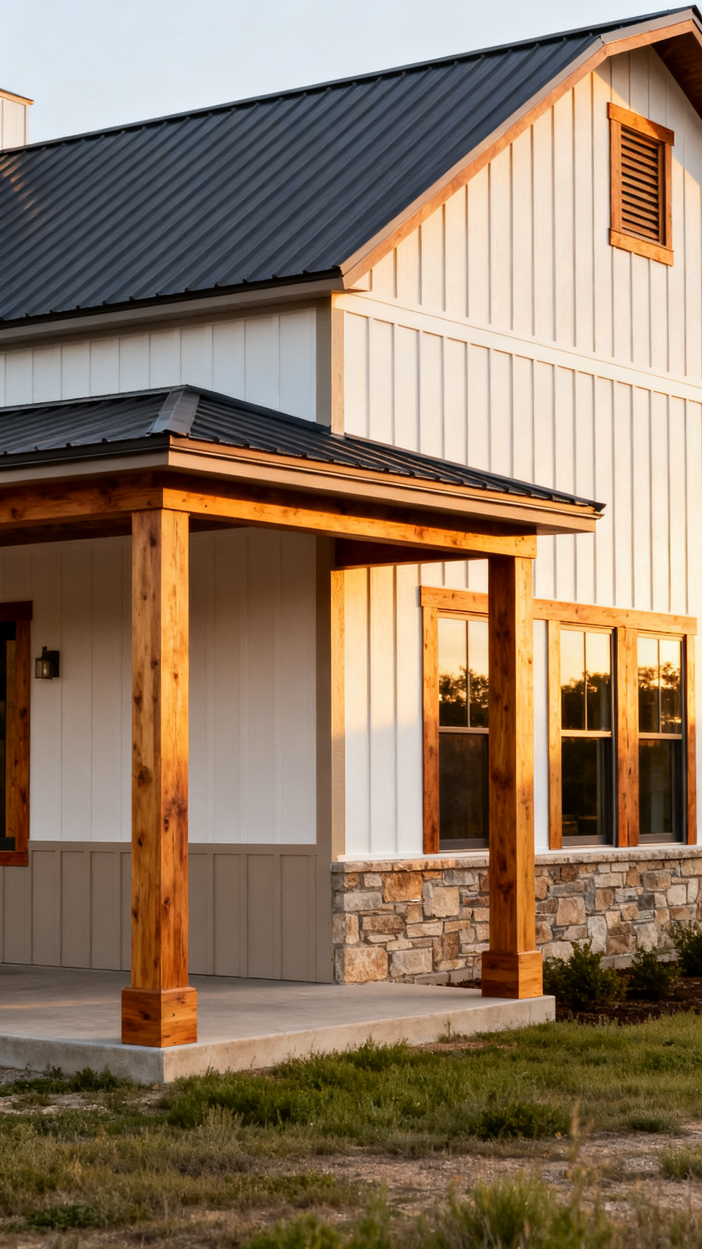 Texas barndominium exterior with metal roof, neutral siding, and warm wood accents