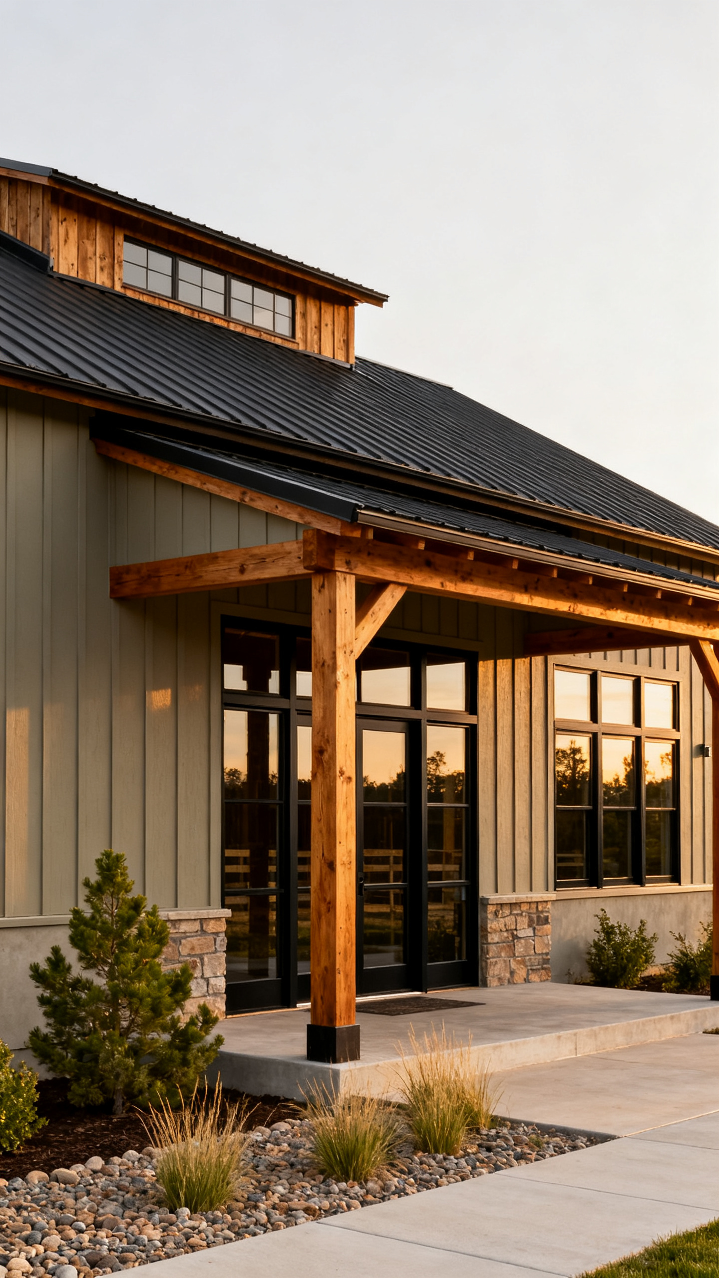 Colorado barndominium exterior with wood accents metal roof and large windows