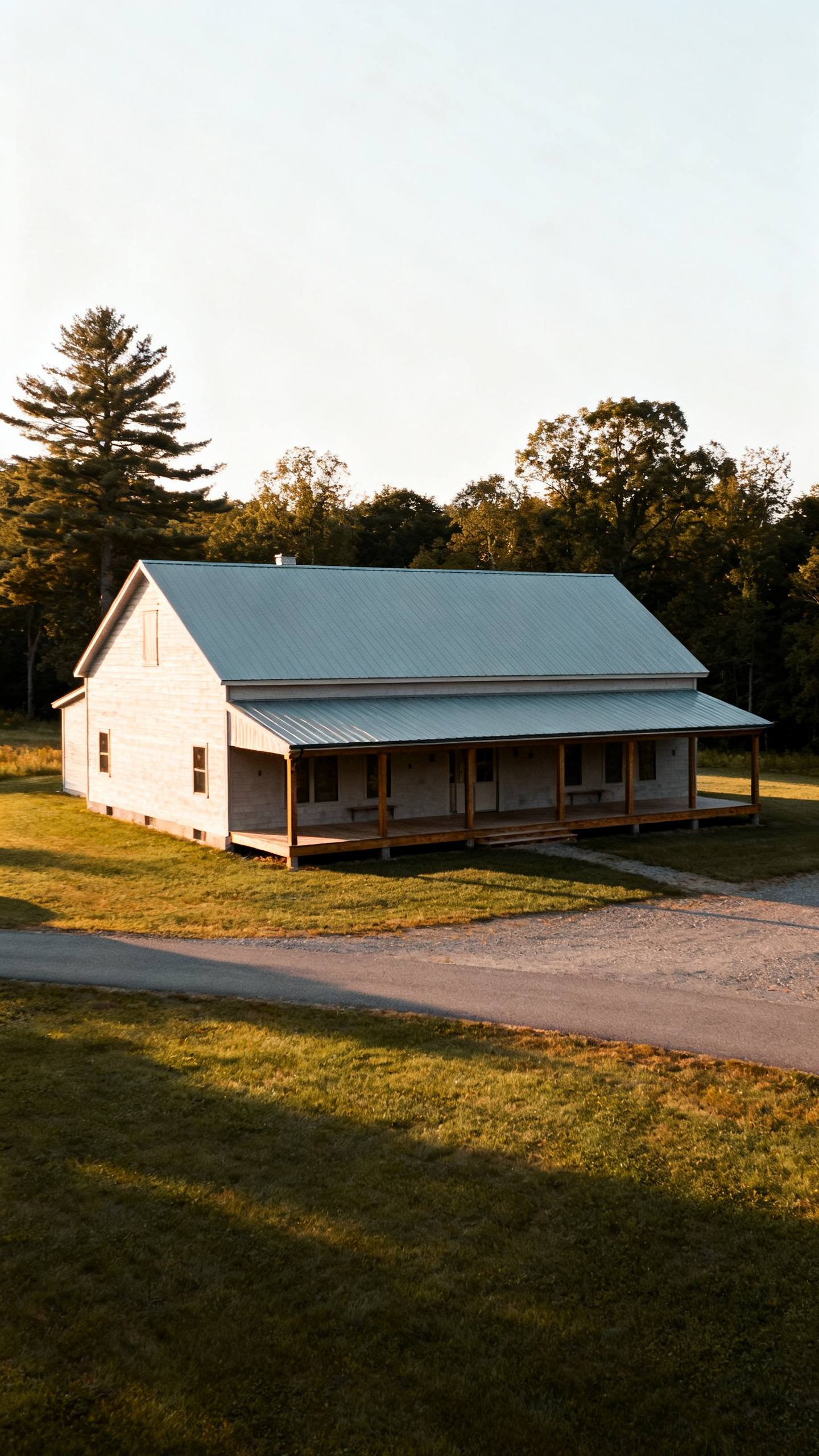 Massachusetts barndominium with a large rectangular footprint and simple gabled roof on open rural land