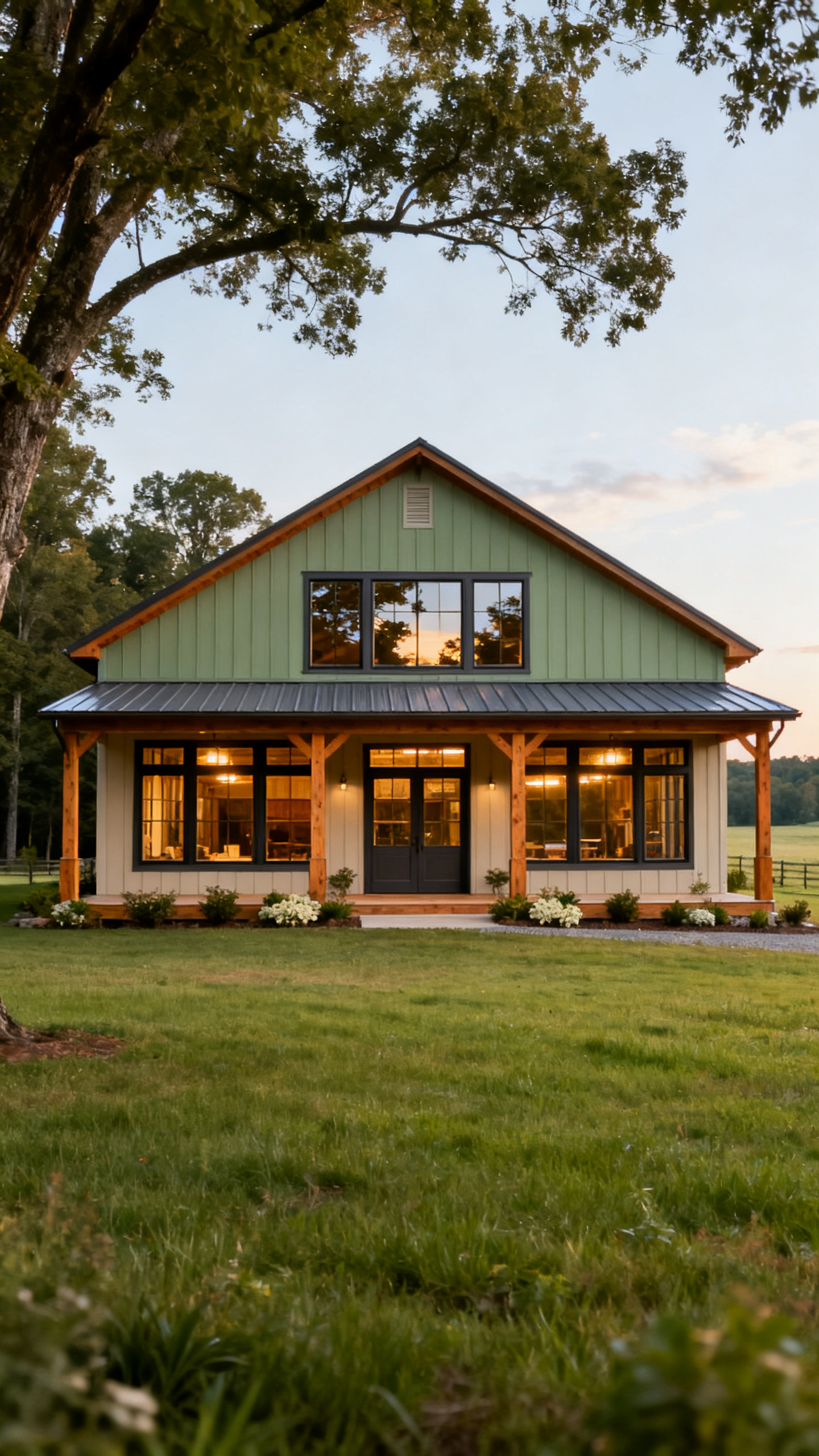 Virginia barndominium with large balanced windows facing open rural views