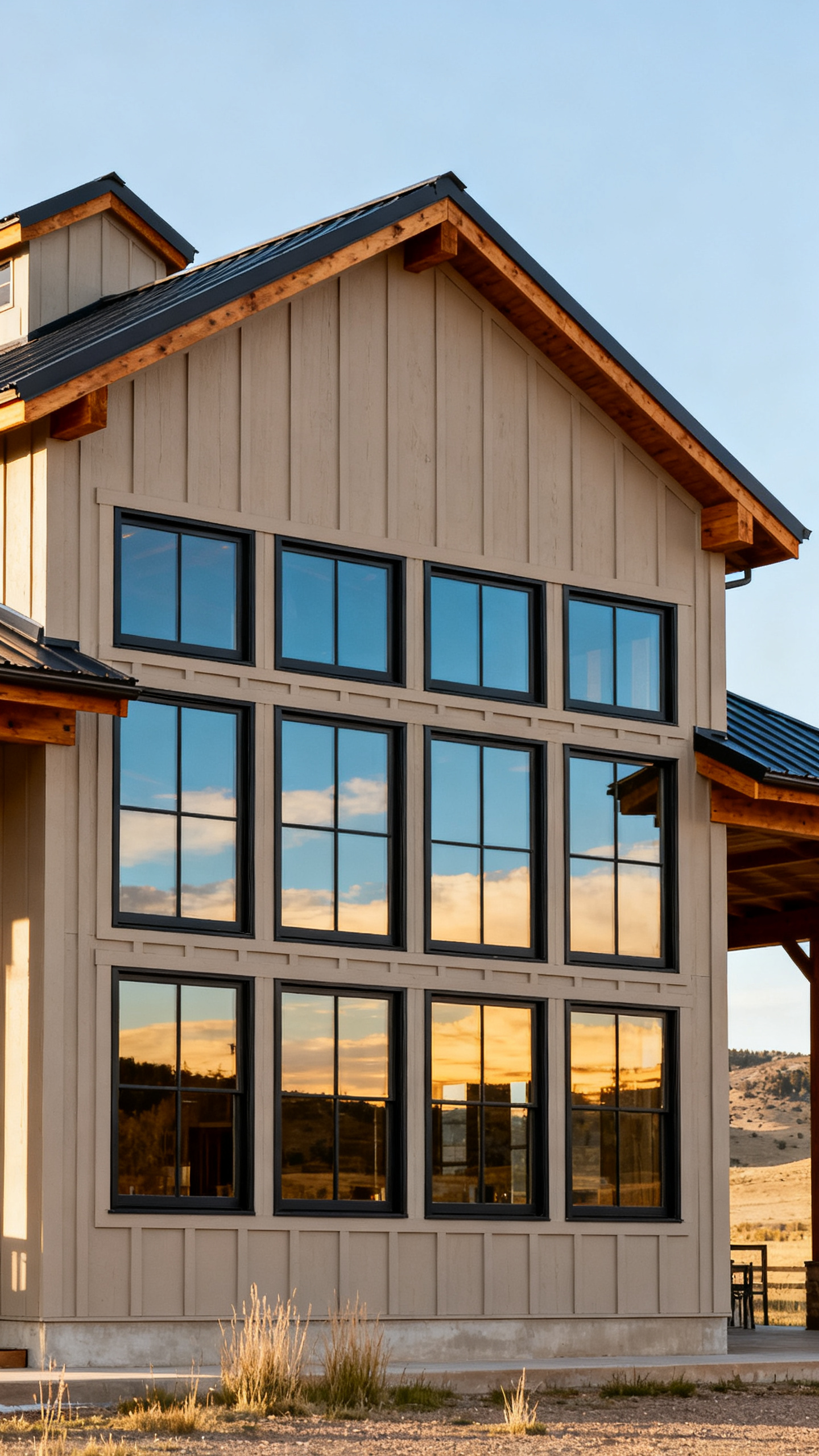 Colorado barndominium facade with large dark-framed windows and clean lines