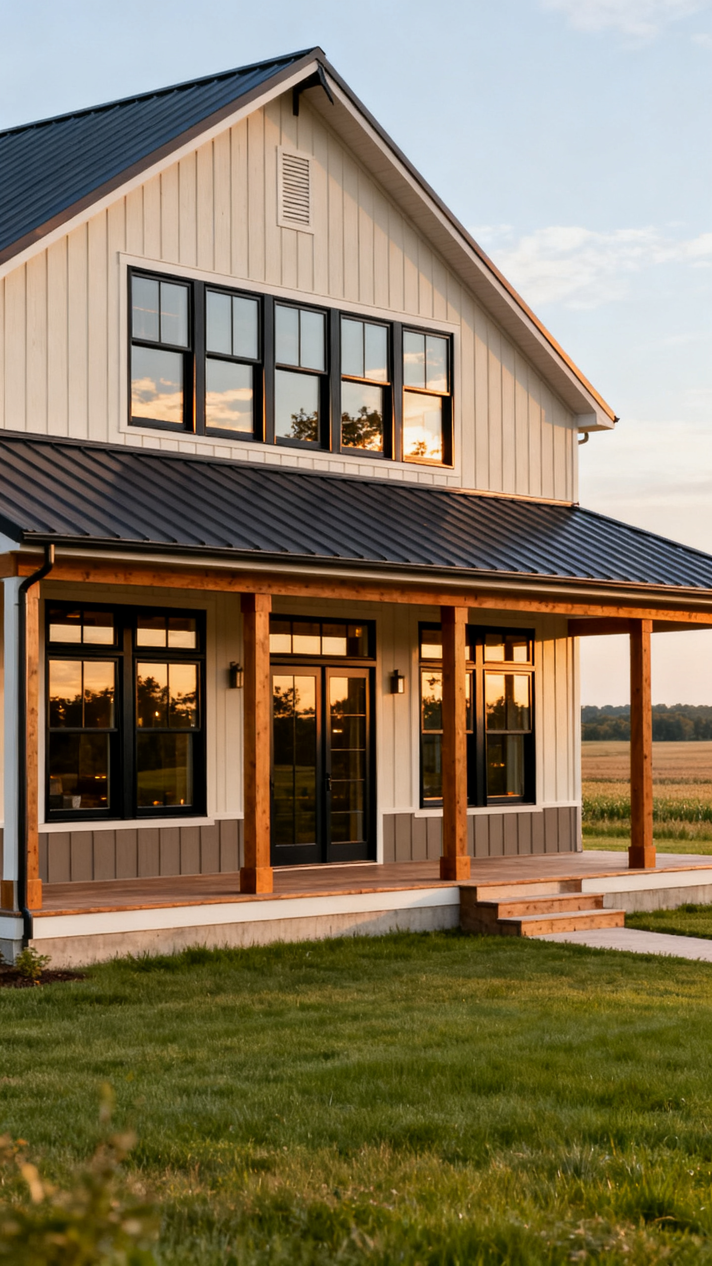 Ohio barndominium with large aligned windows and porch facing open rural land