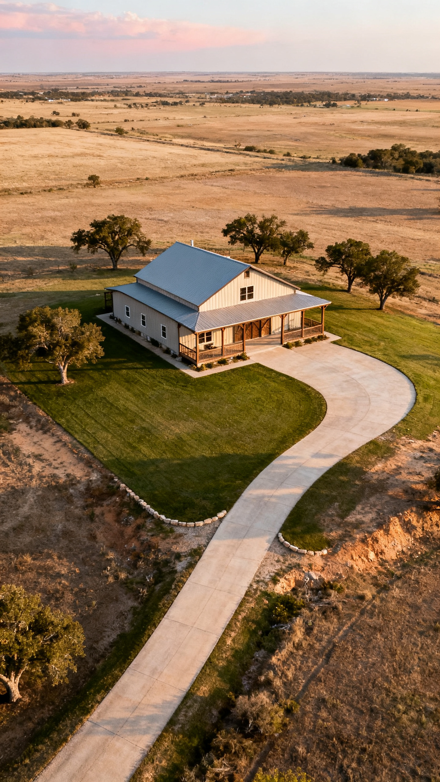 Texas barndominium centered on rural land with long driveway and open fields