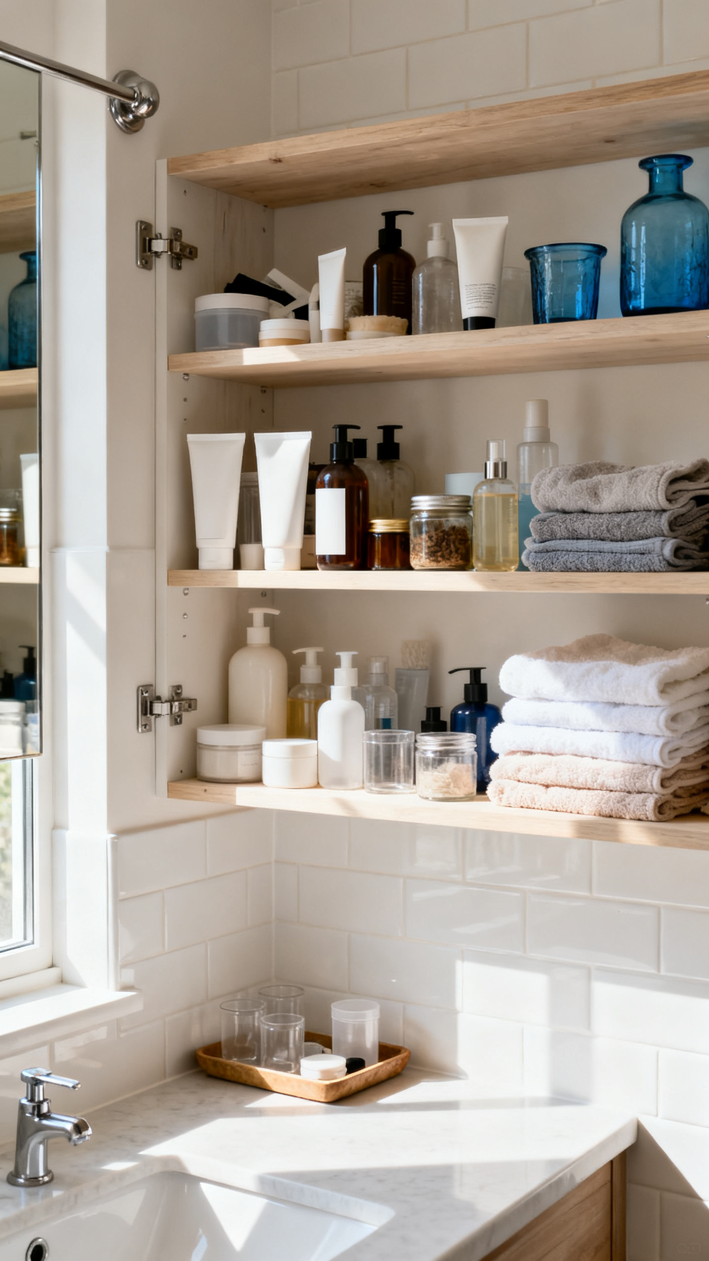 Bathroom shelf with half-used toiletries sorted for an end-of-summer decluttering checklist