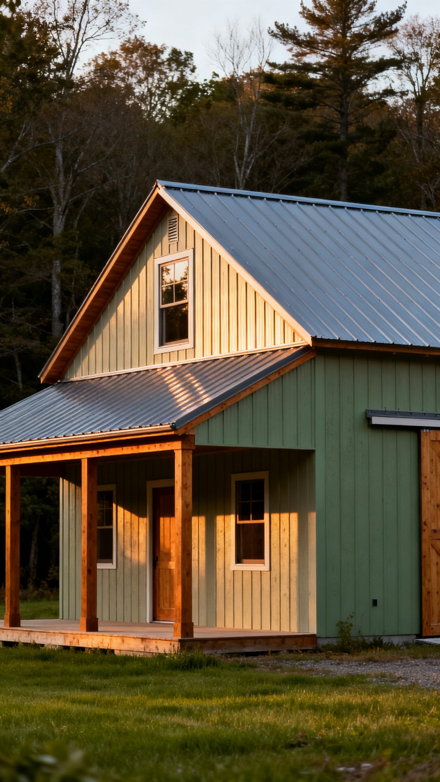 Simple gabled metal roofline on a Massachusetts barndominium in warm evening light