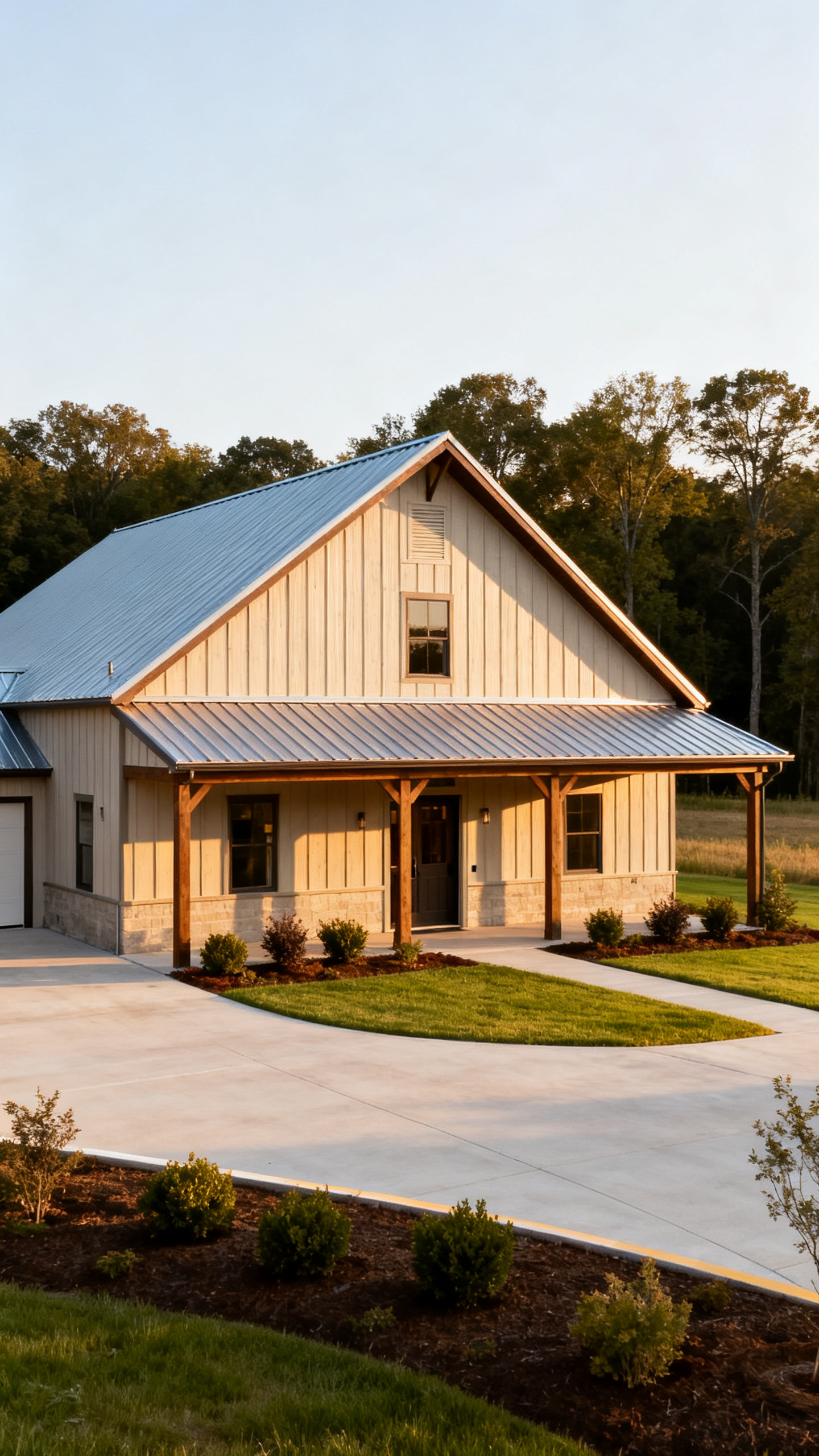 A modern farmhouse with a metal roof, wooden porch, and landscaped front yard, set against a backdrop of trees and late afternoon sunlight.