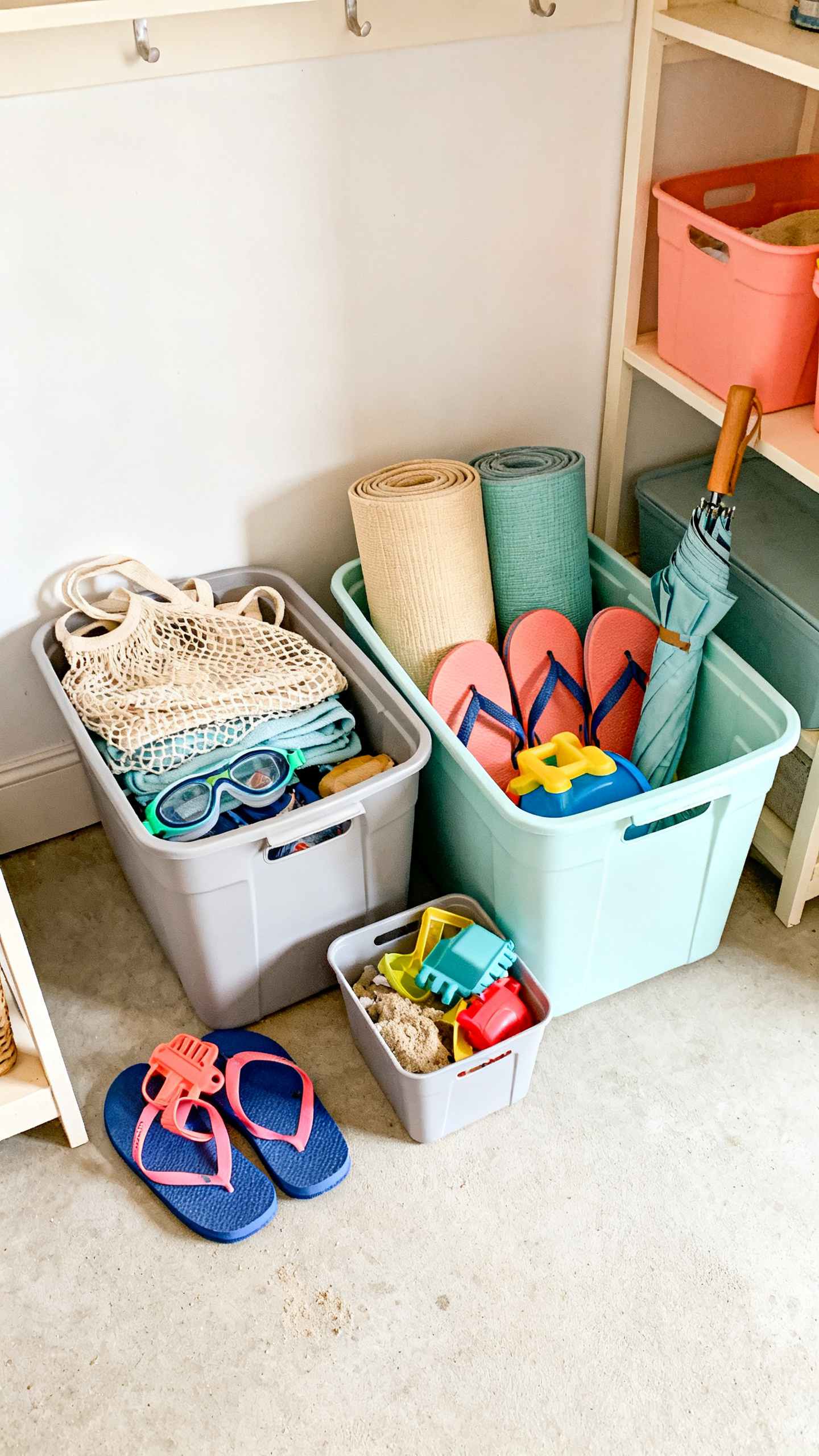 Beach gear sorted in storage bins for an end-of-summer decluttering checklist