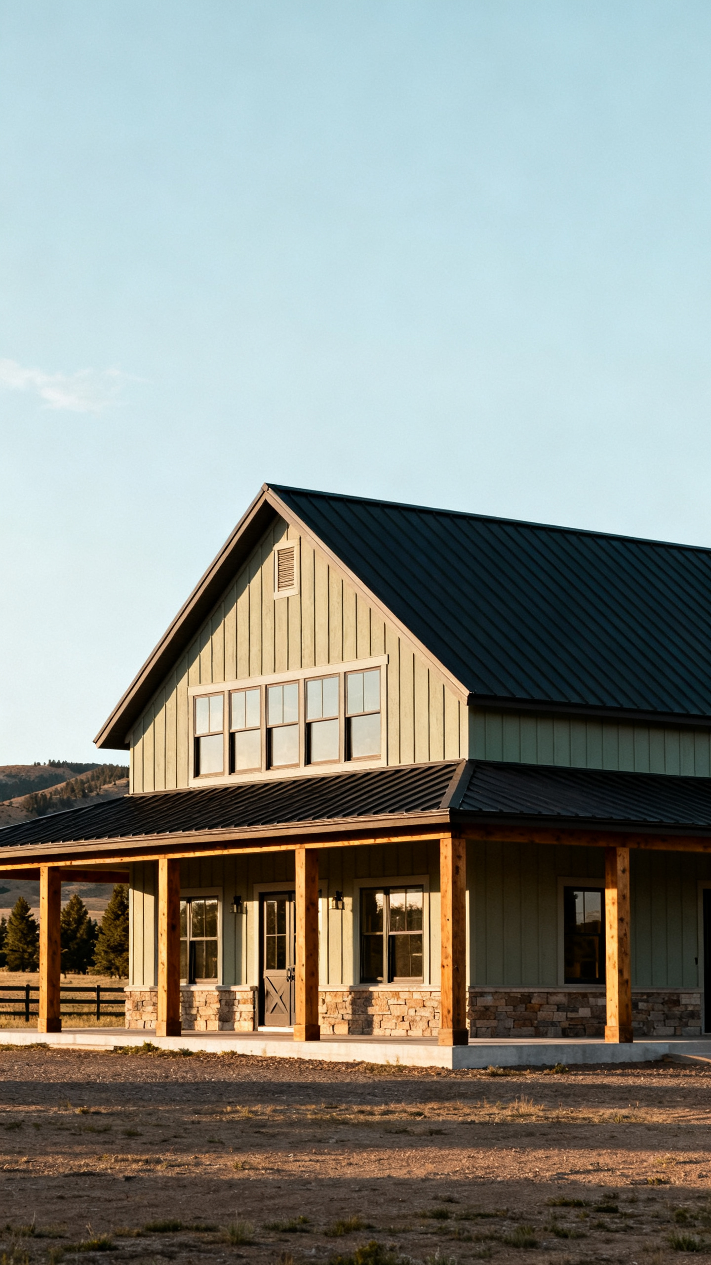Colorado barndominium with simple gabled roofline and dark metal roof