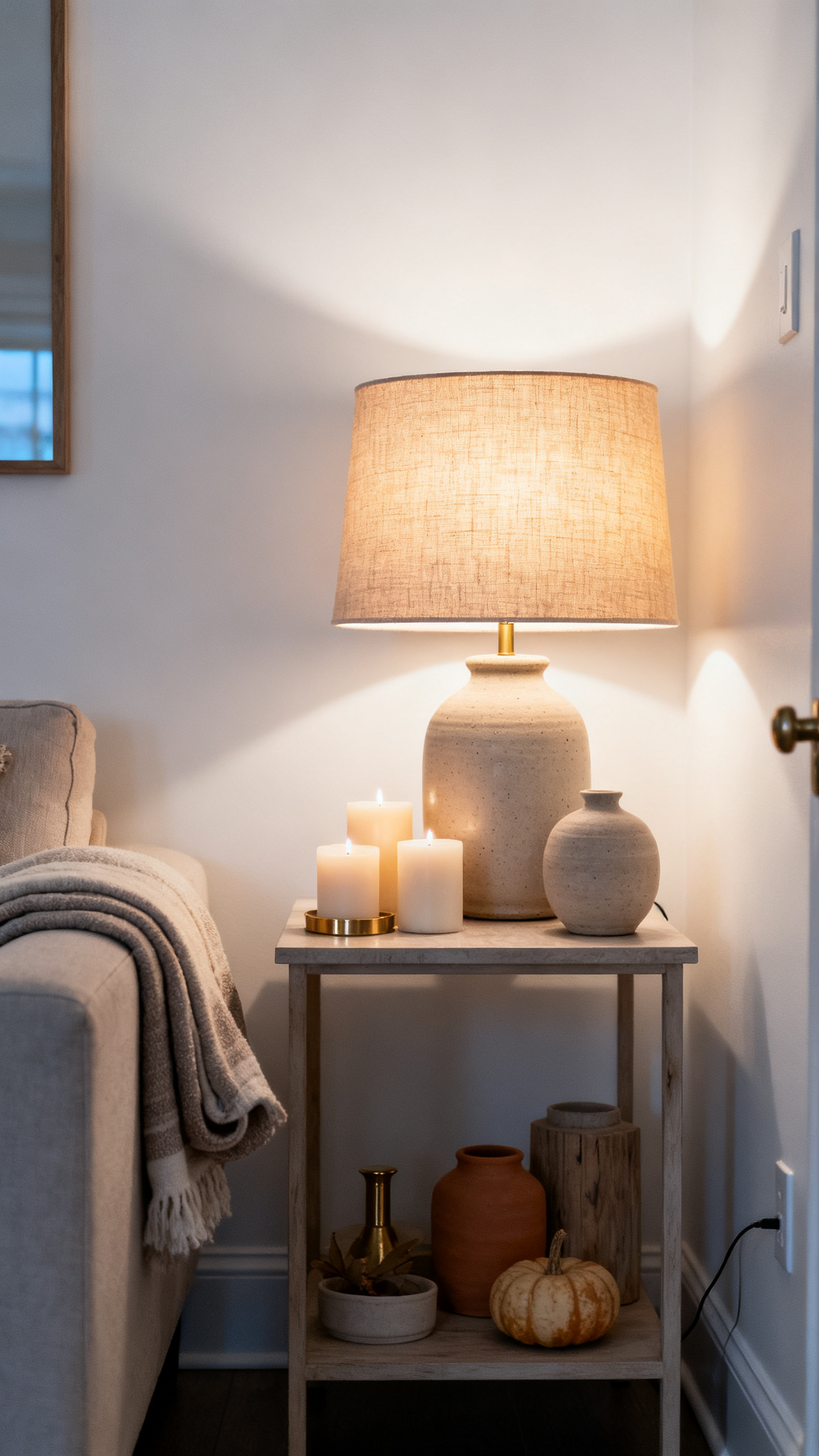 Warm layered lighting in a cozy early fall living room with lamp and candles