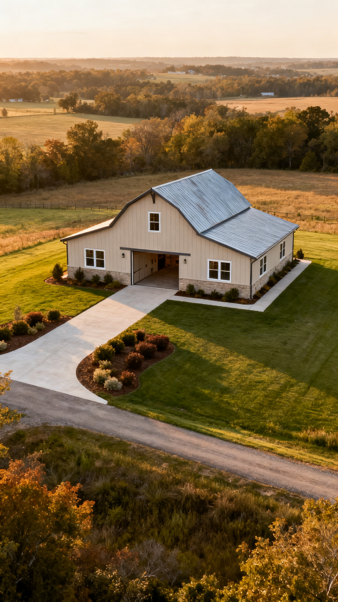 Wide curb appeal view of a Columbia barndominium with driveway and rural landscape
