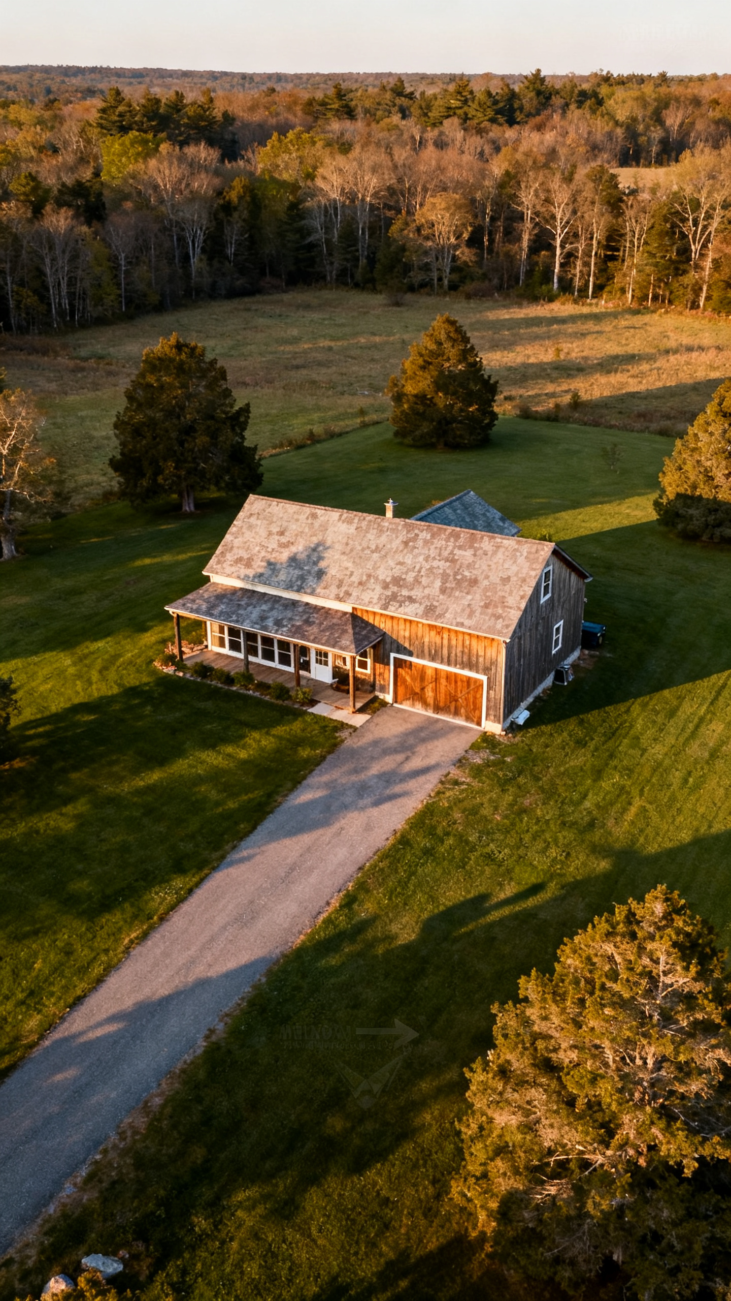 Aerial view of a Massachusetts barndominium with driveway, lawn, and surrounding trees