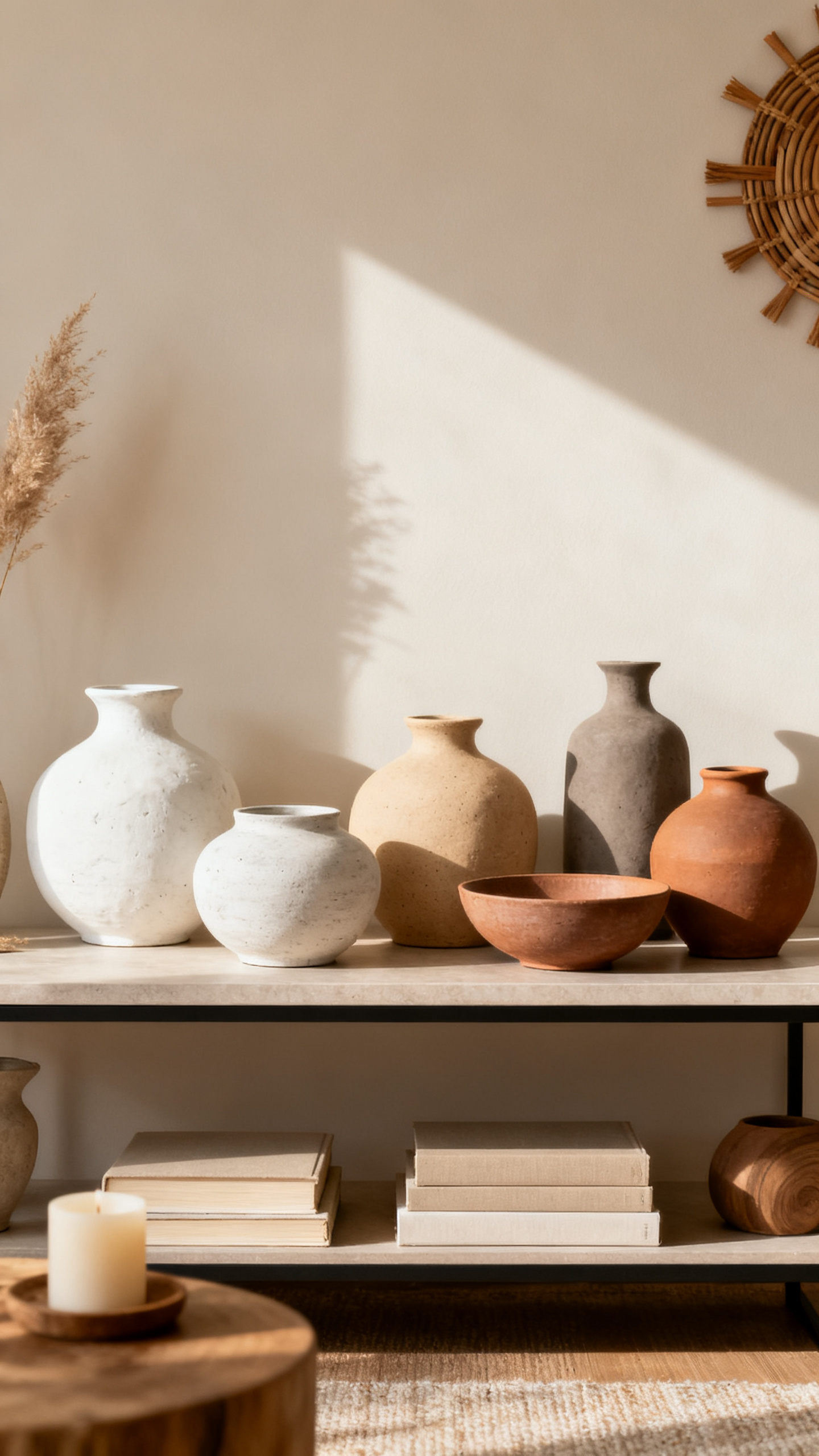 Ceramic fall decor accents in warm neutral tones on a cozy styled console