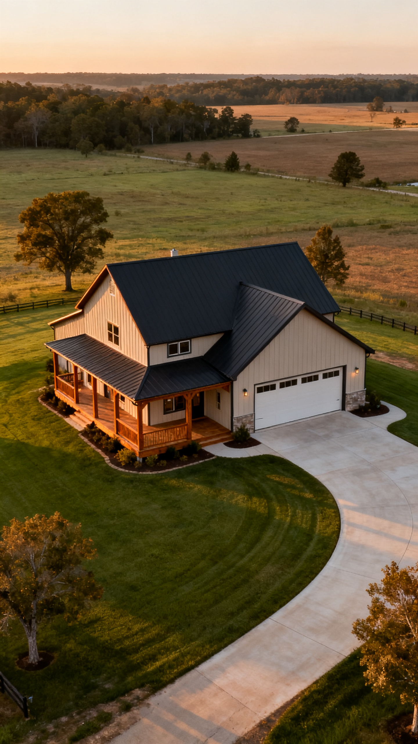 Arkansas barndominium with unified site plan, driveway, lawn, and open land seen from above