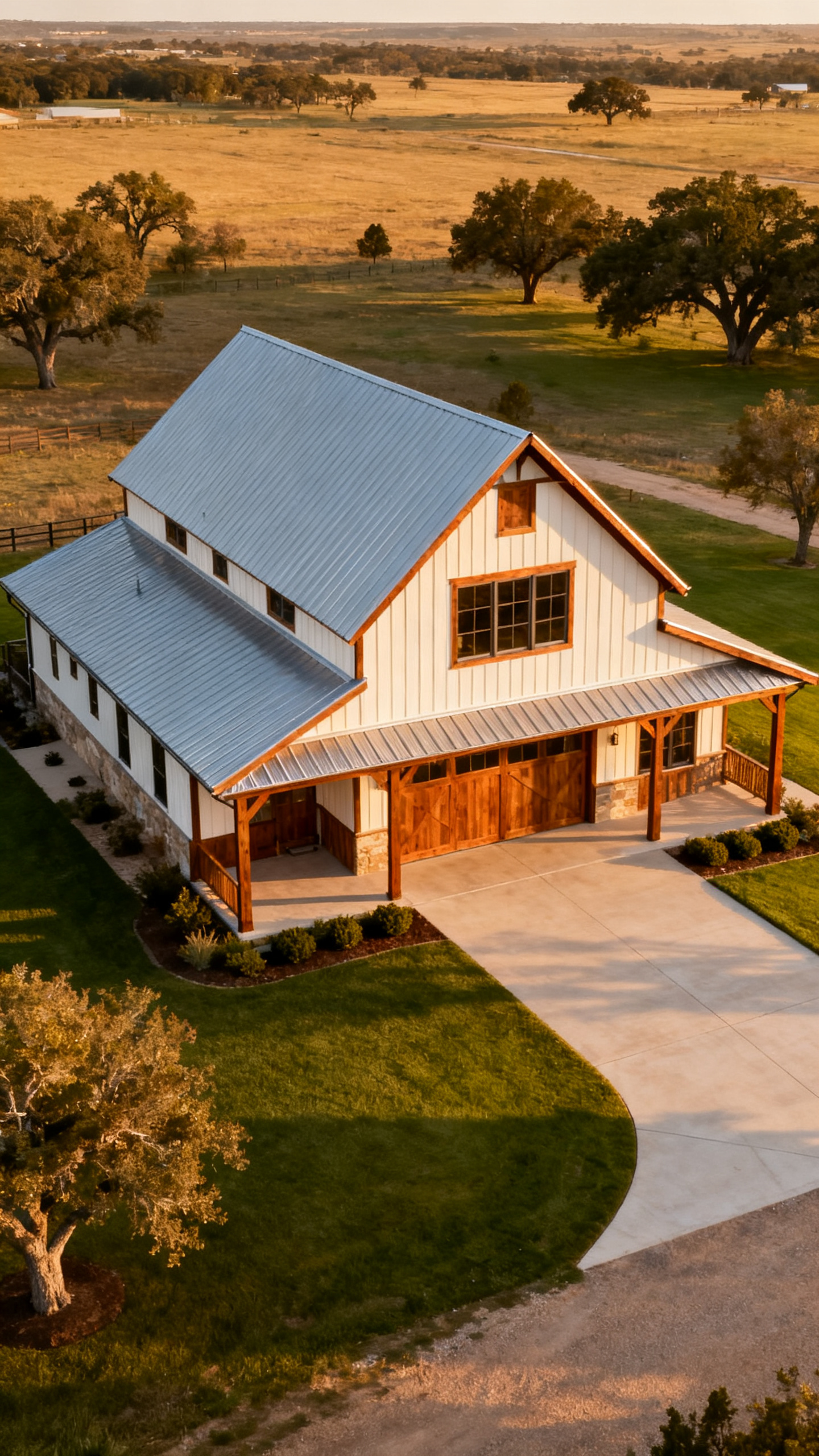 Aerial view of a modern barn-style house with a metal roof, wooden accents, concrete driveway, and surrounding green lawn in a rural landscape.