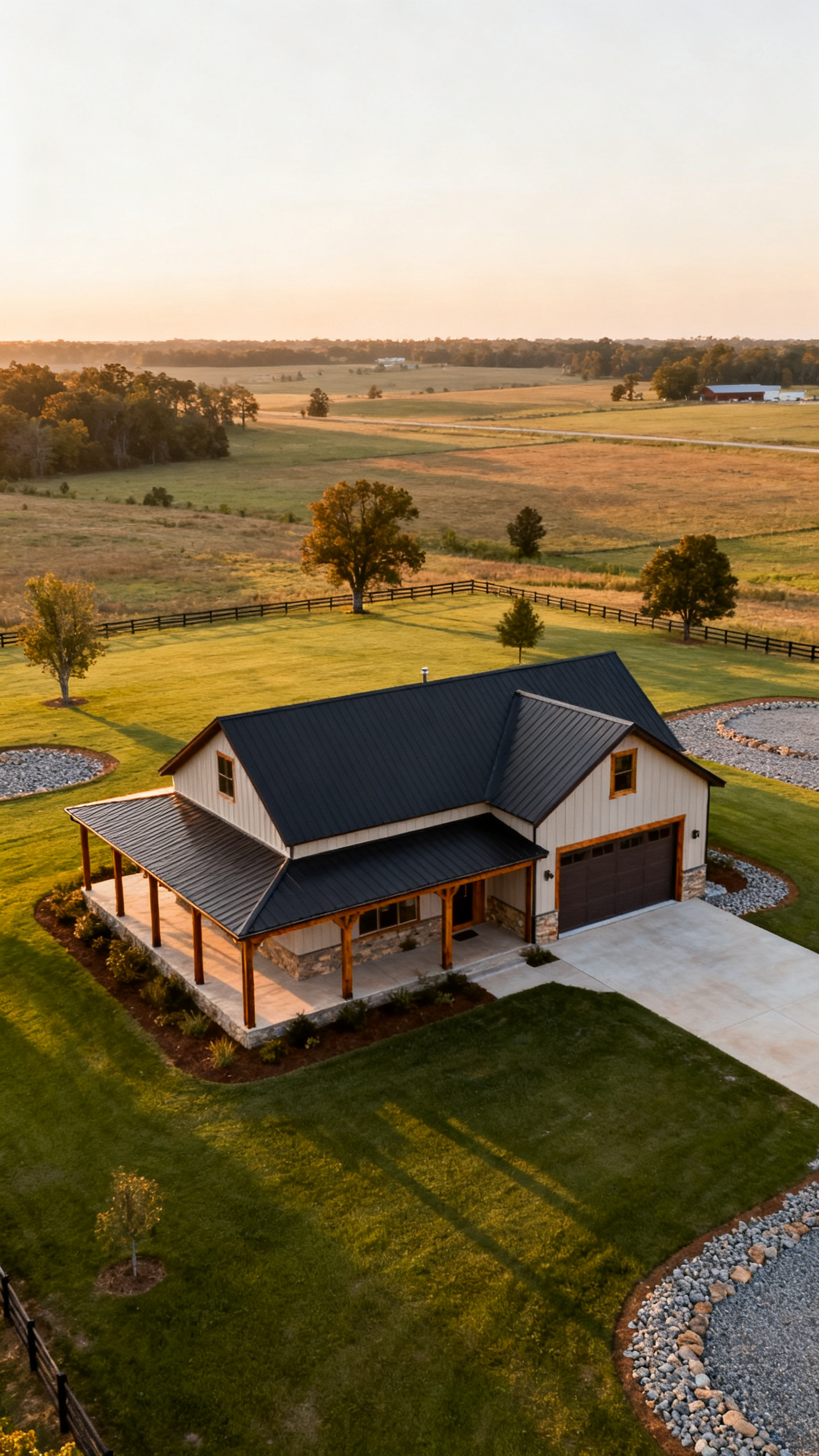 Arkansas barndominium on open land with defined lawn, trees, and rural site planning