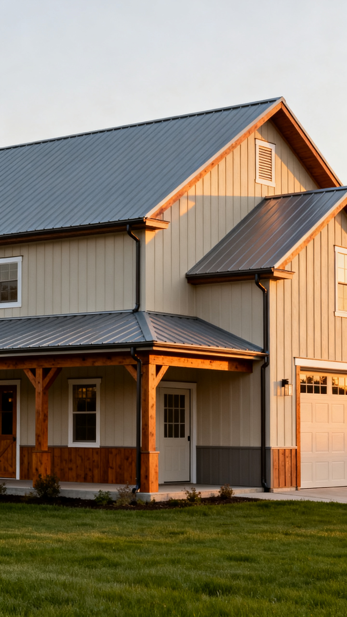 Ohio barndominium with clean gabled rooflines, metal roofing, porch, and integrated garage