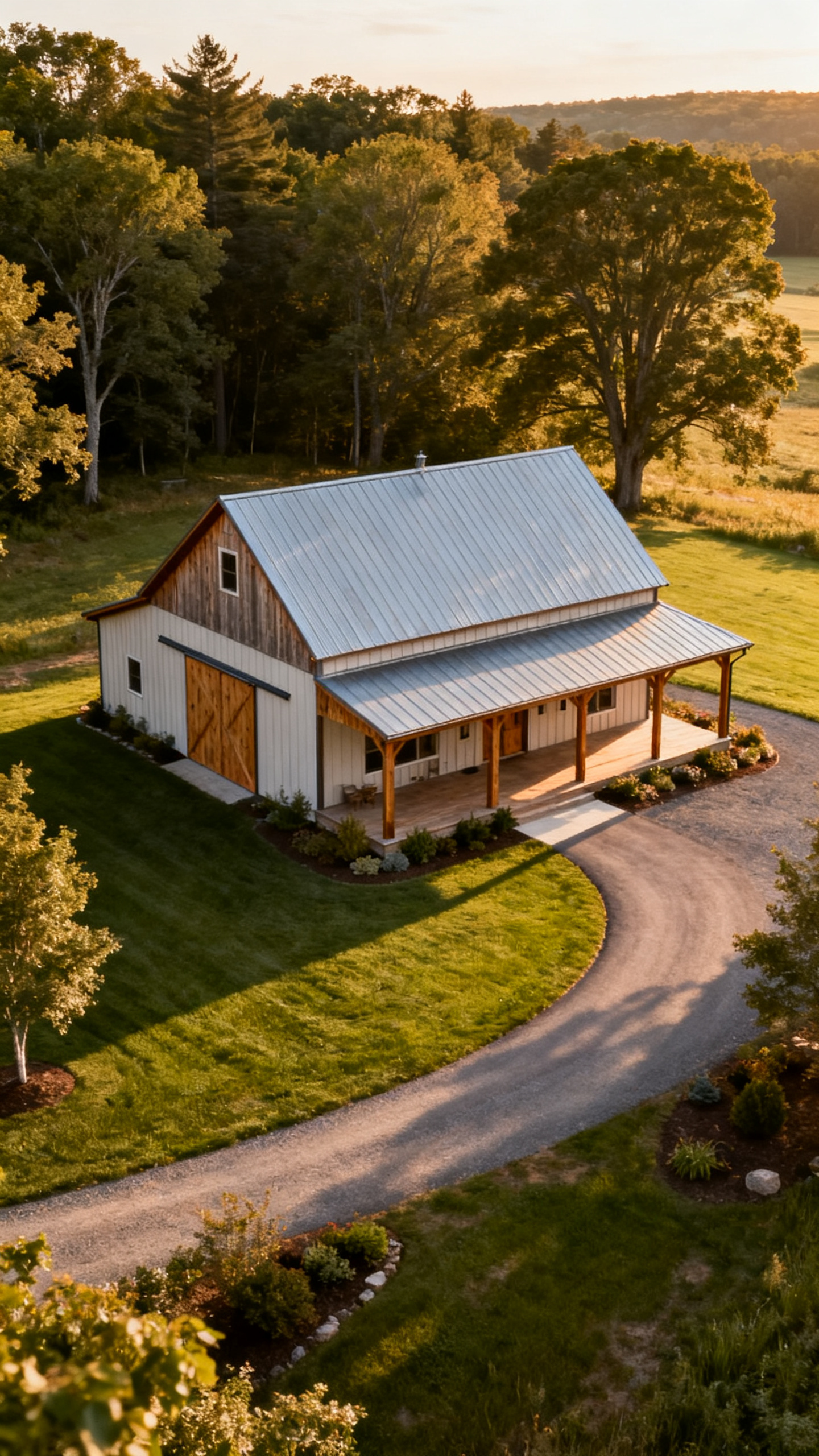 A white barn with a metal roof and wooden trim sits beside a curved gravel driveway, surrounded by green grass, trees, and landscaping in the countryside at sunset.