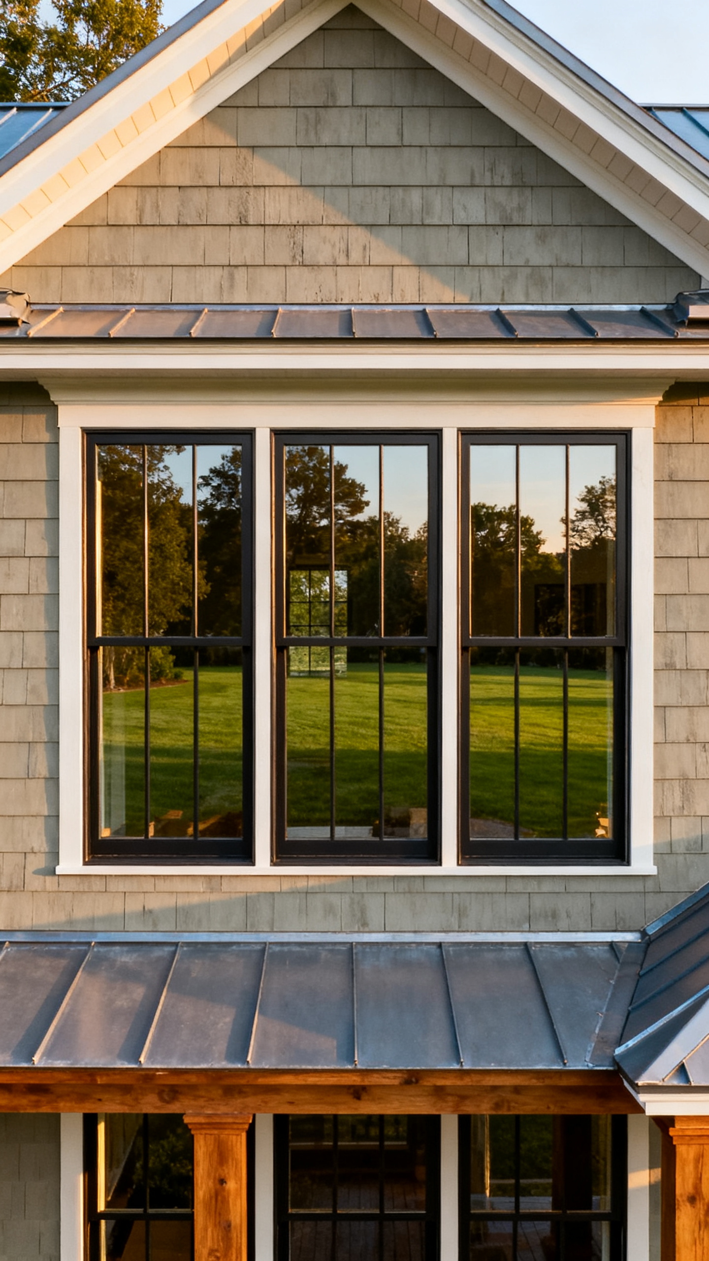 Large dark-framed windows on a Massachusetts barndominium with neutral siding