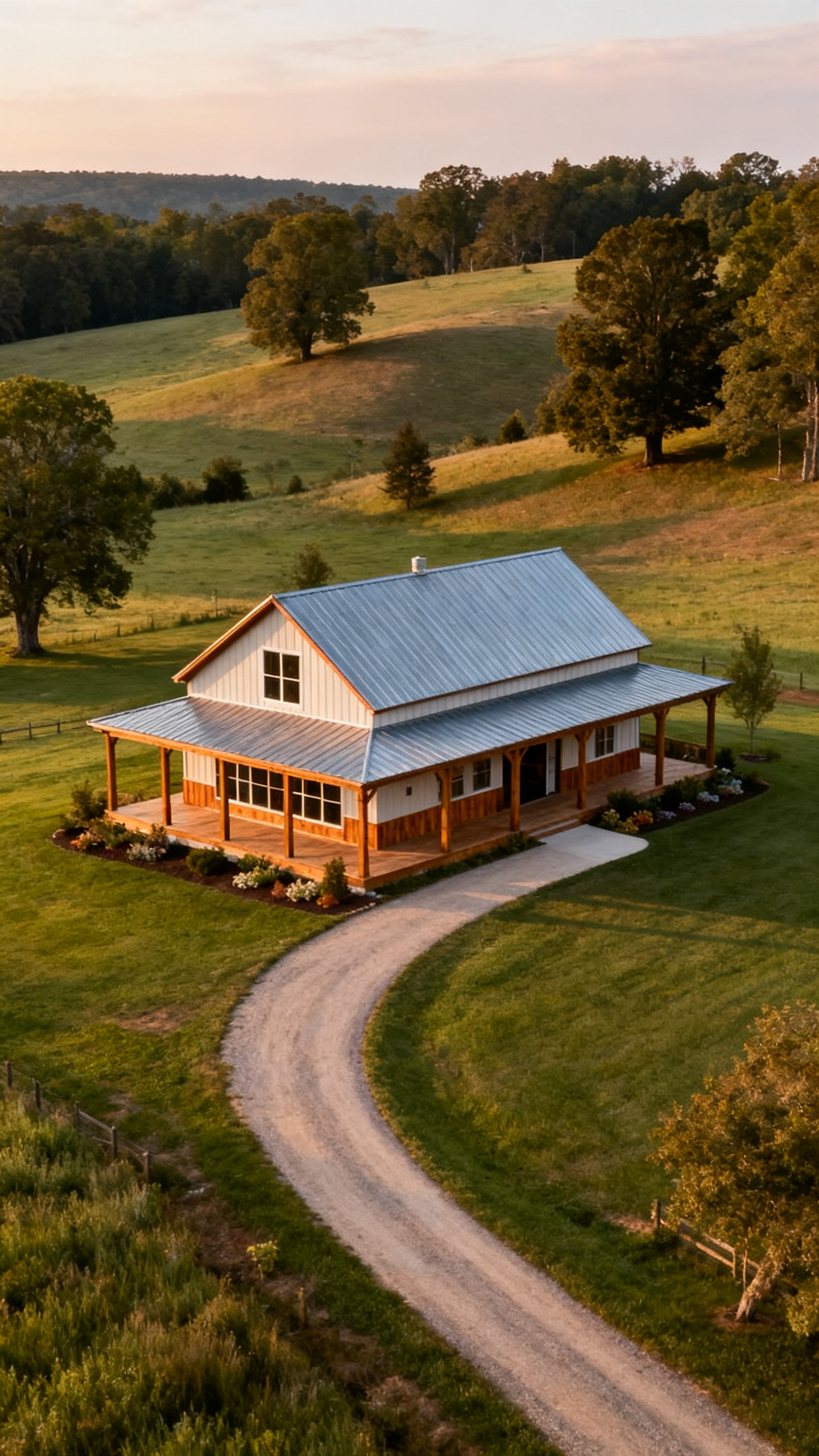 Virginia barndominium on a well-planned rural lot with long driveway, lawn, and mature trees