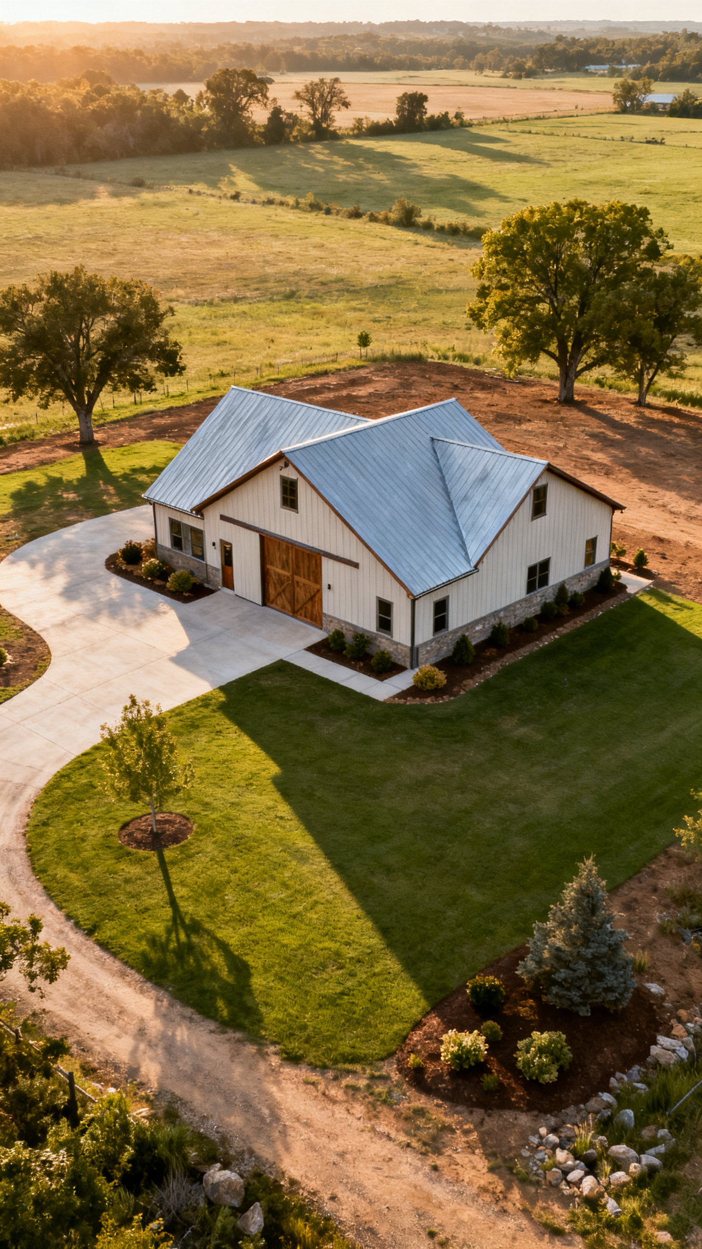 Columbia barndominium on a landscaped rural lot with driveway, lawn, and mature trees