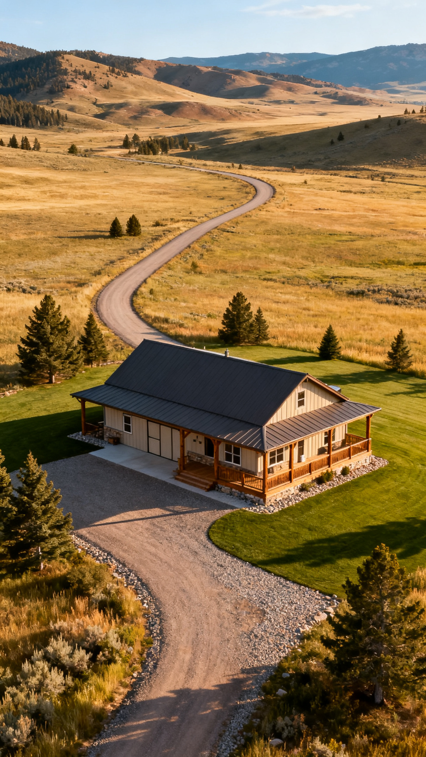 Colorado barndominium on open land with long driveway and mountain-state landscape