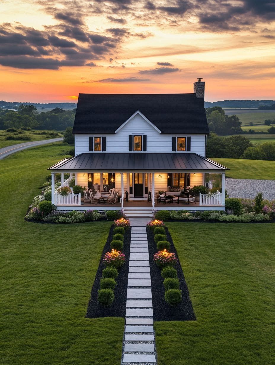 Two-story white house with a front porch, manicured lawn, stone walkway, and flower beds, set against a rural landscape at sunset.