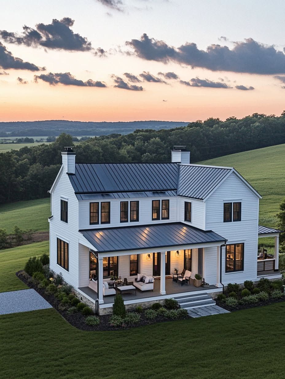 White two-story farmhouse with black roof and large porch, surrounded by green lawn and fields at sunset.