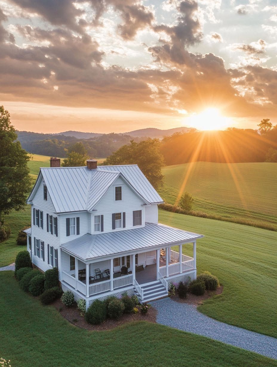 A white two-story house with a porch sits on a green lawn, surrounded by trees and hills, as the sun sets behind the landscape.