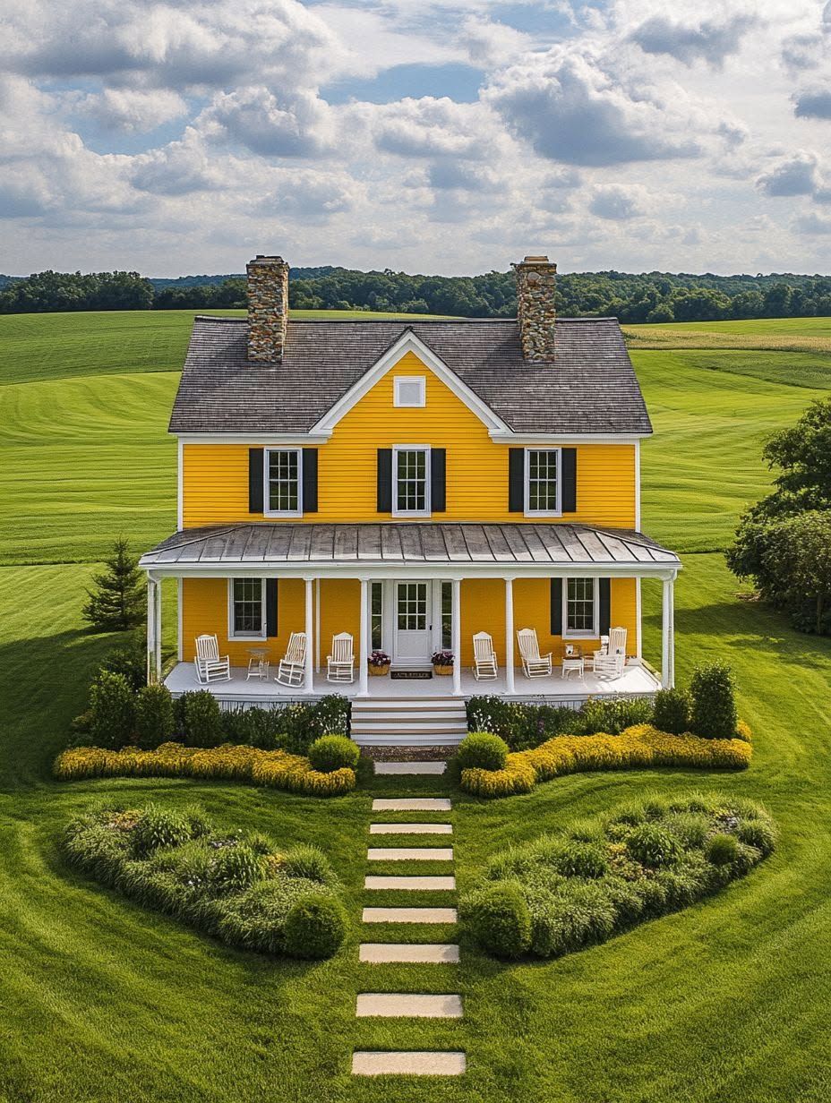 A two-story yellow house with a porch, white trim, and two chimneys sits amid a green lawn and fields, with a stone path leading to the front steps.