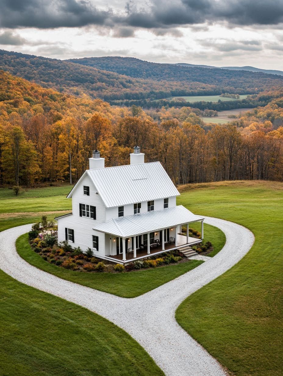 A white farmhouse with a metal roof sits in a green field, surrounded by a curved gravel driveway and autumn trees, with hills in the background under a cloudy sky.