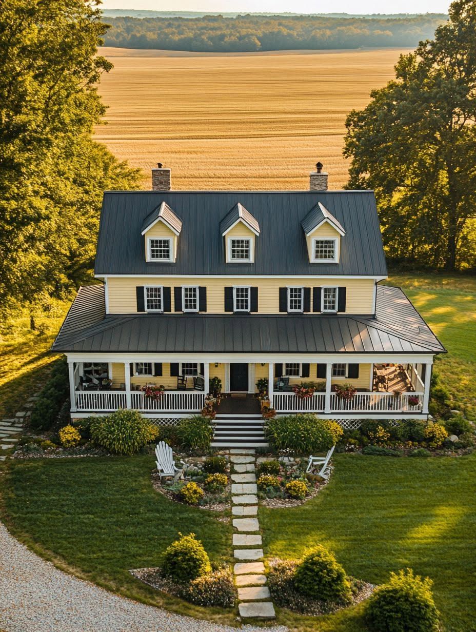 A yellow two-story house with a black metal roof, white trim, and a wraparound porch sits in a landscaped yard, with fields and trees in the background.