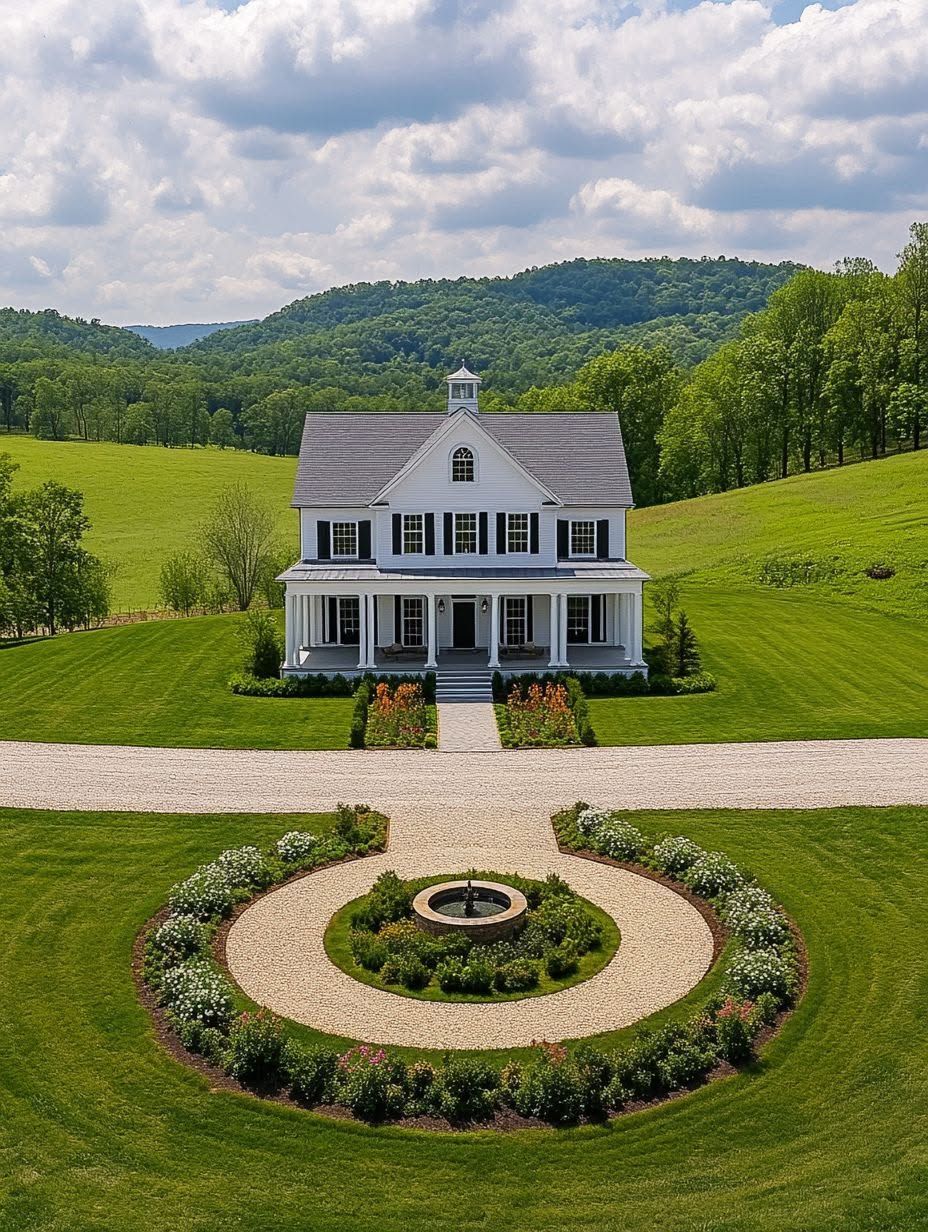A white two-story house with a front porch sits on a large grassy lot, featuring a circular driveway and central fountain, surrounded by hills and trees.