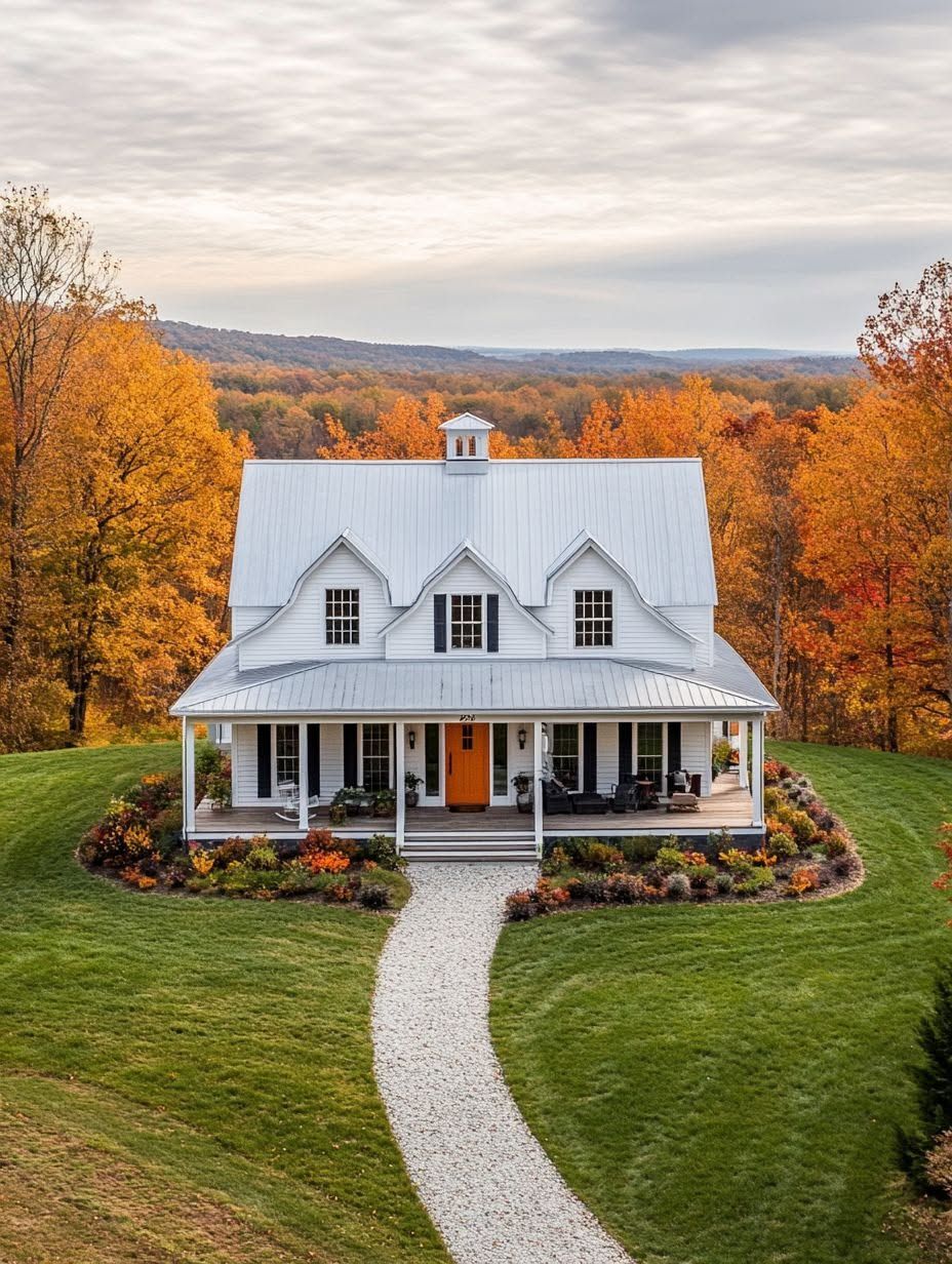 A white house with a metal roof and wraparound porch sits amid autumn trees, with a curved gravel walkway and green lawn in front.