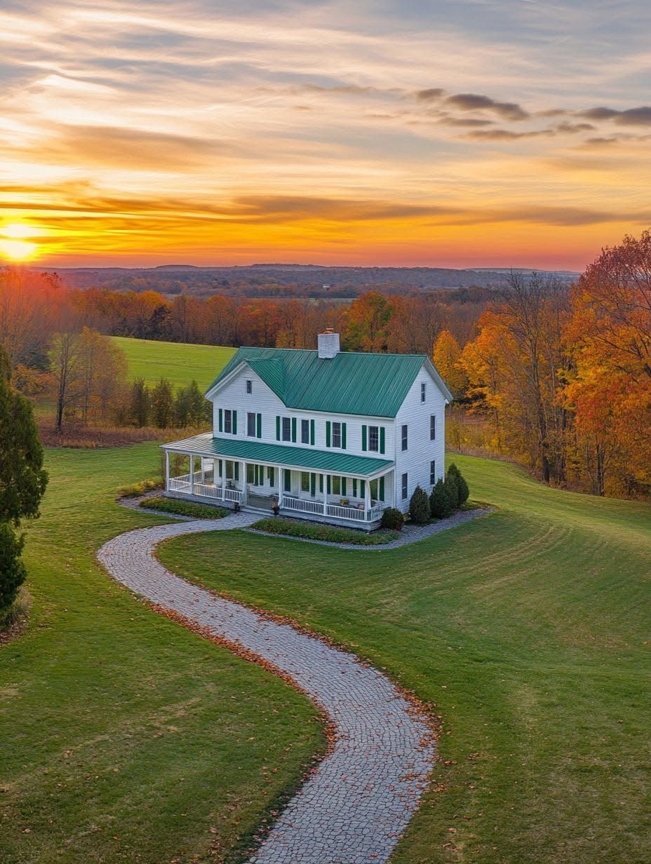 A white two-story house with a green roof sits on a large grassy lawn, surrounded by autumn trees, with a curved stone driveway and a sunset sky in the background.