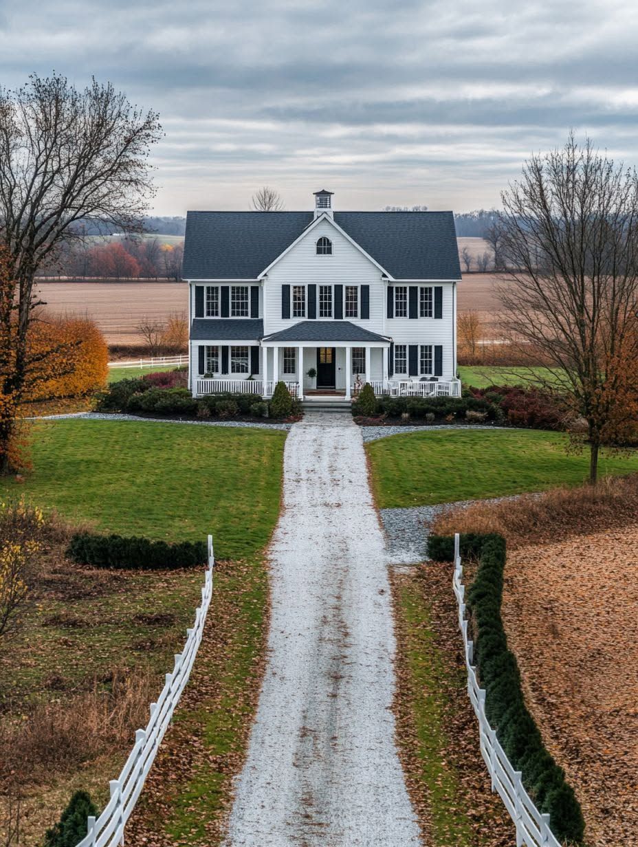 A white two-story house with a porch and black shutters sits at the end of a gravel driveway, surrounded by fields and trees on a cloudy day.