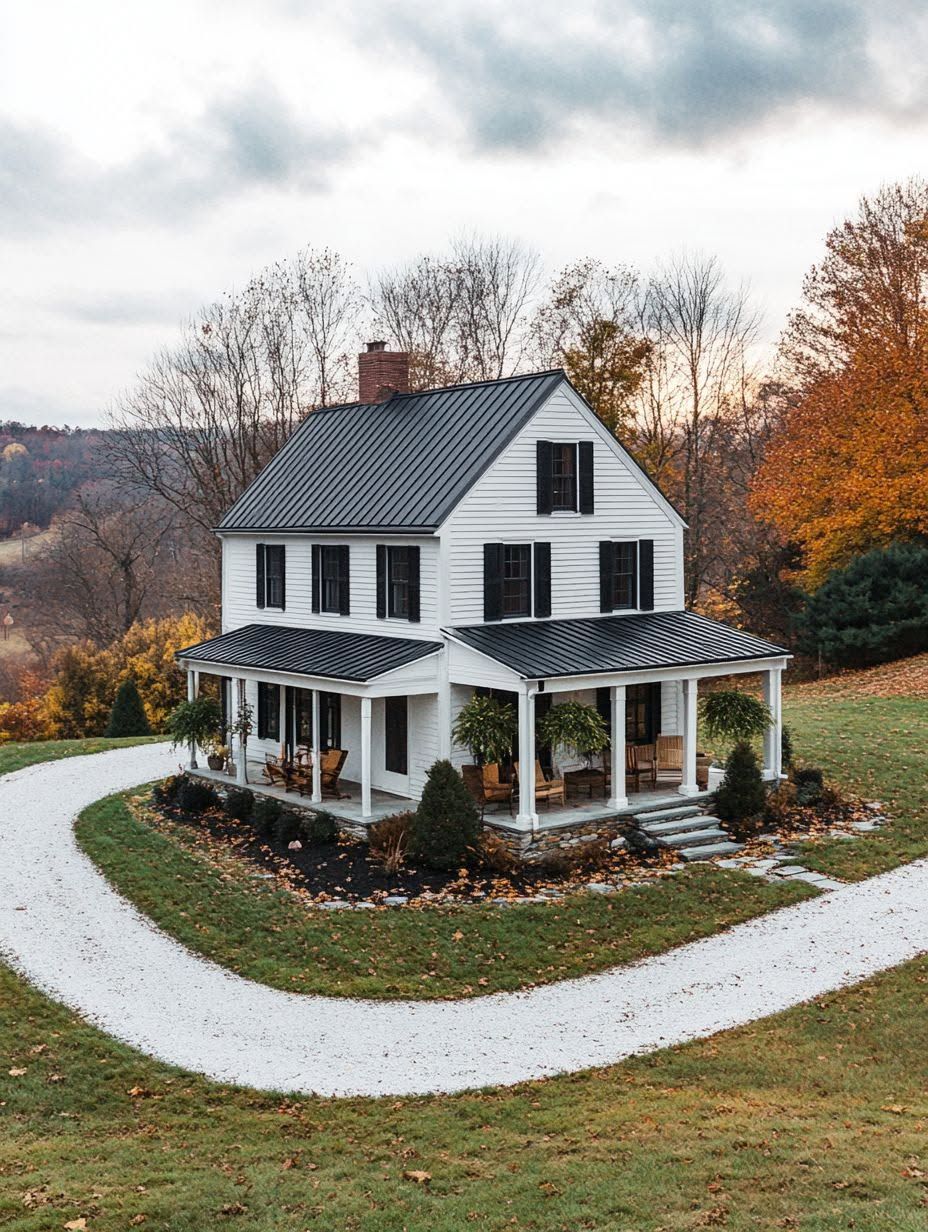 A white two-story house with black shutters and a wraparound porch sits in a grassy yard, surrounded by a curved gravel driveway and autumn trees.