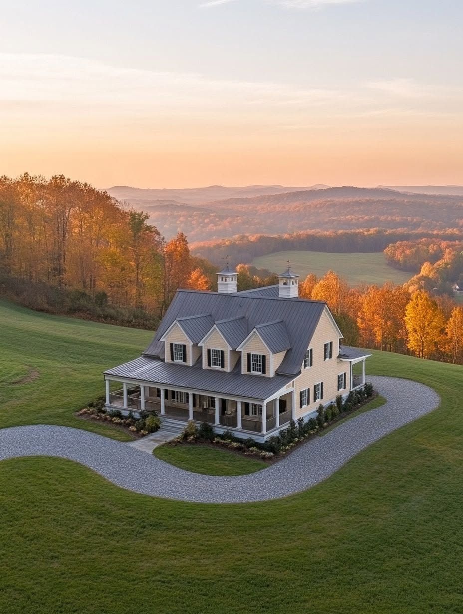 A two-story house with a wraparound porch sits on a grassy hill, surrounded by autumn trees and distant rolling hills at sunset.