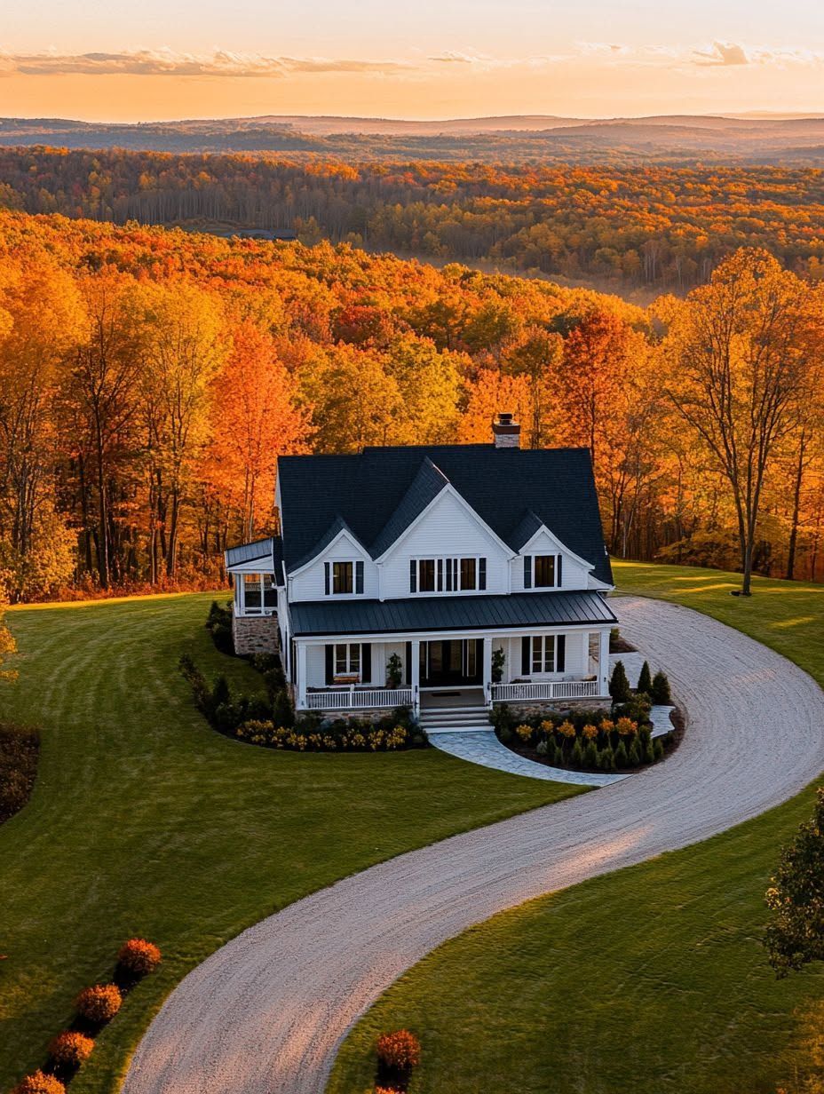 A two-story white house with a dark roof sits in the center of a curved driveway, surrounded by autumn trees and green lawn at sunset.