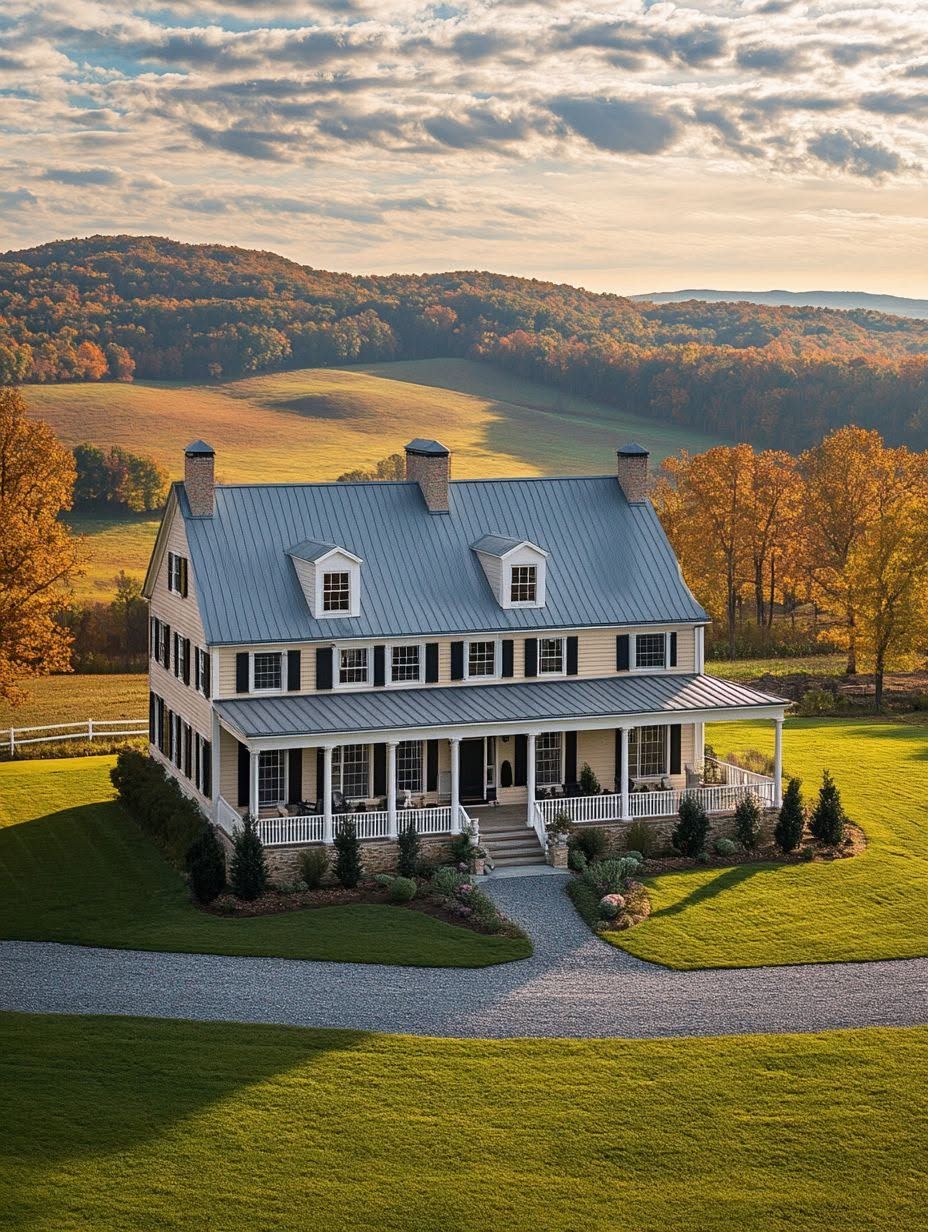 Two-story farmhouse with a gray metal roof and wraparound porch, set on a large, manicured lawn with rolling hills and trees in the background under a partly cloudy sky.
