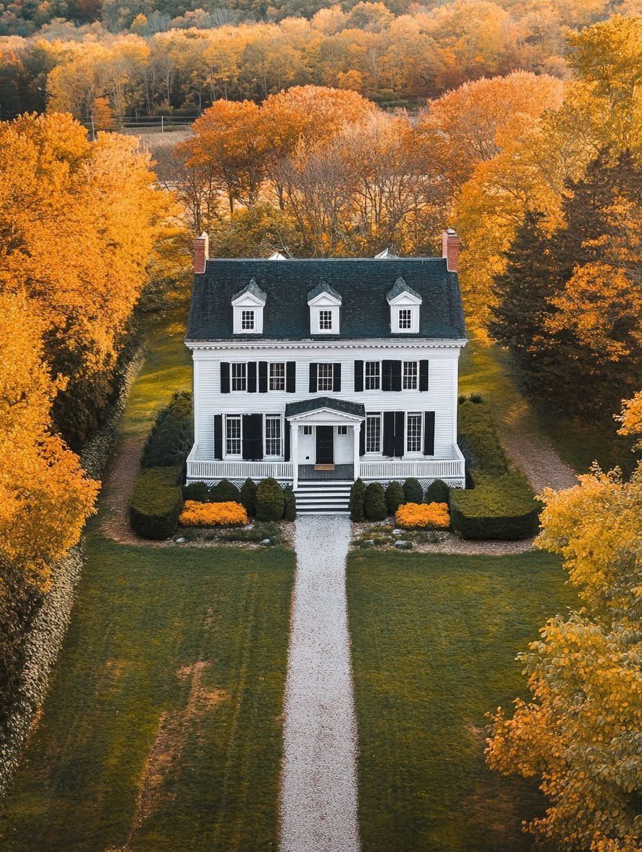 A white two-story house with black shutters sits amid autumn trees with orange leaves, viewed from above, with a gravel path leading to the front door.