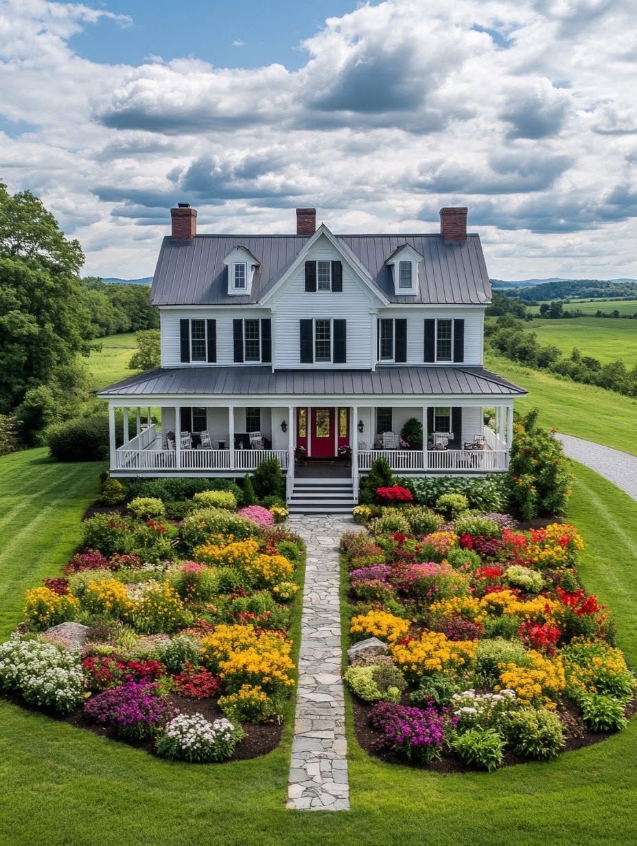 A white two-story house with a gray roof and red door, surrounded by a lush green lawn and a vibrant flower garden along a stone walkway.