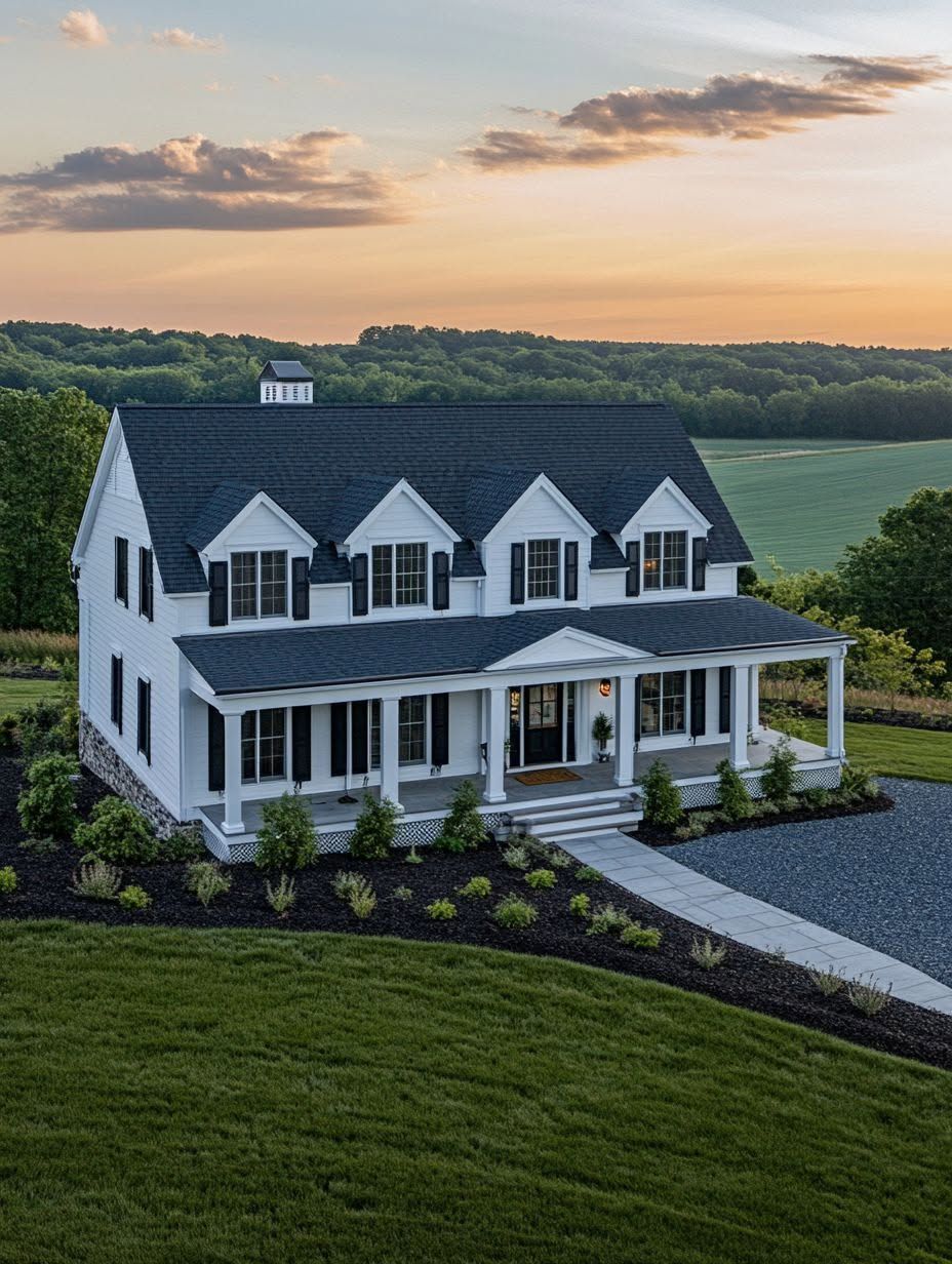 Two-story white house with black shutters and a large front porch, surrounded by green lawn, shrubs, and a gravel driveway at sunset, with fields and trees in the background.