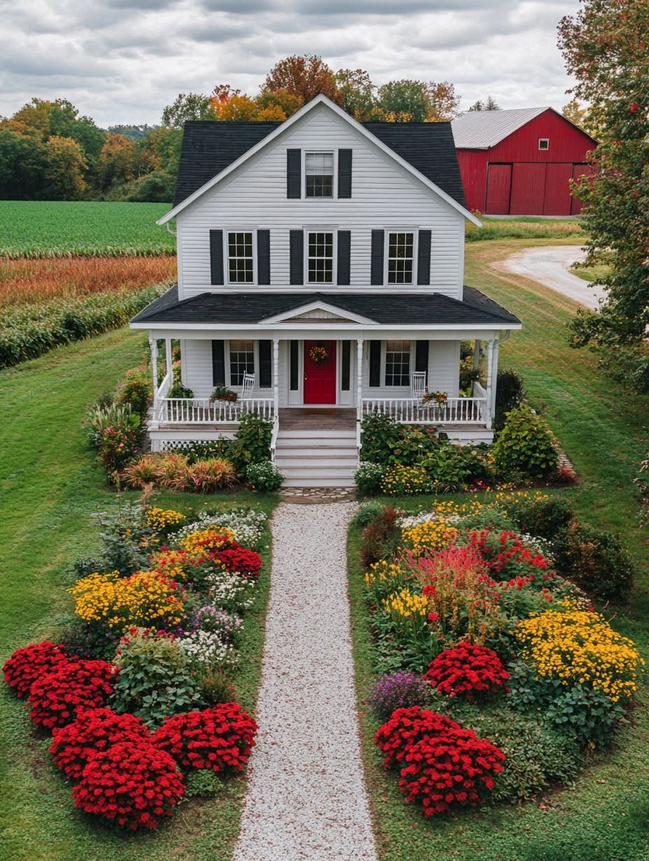 White two-story house with a front porch, surrounded by colorful flower gardens and a gravel path, set in a rural landscape with fields and a red barn in the background.