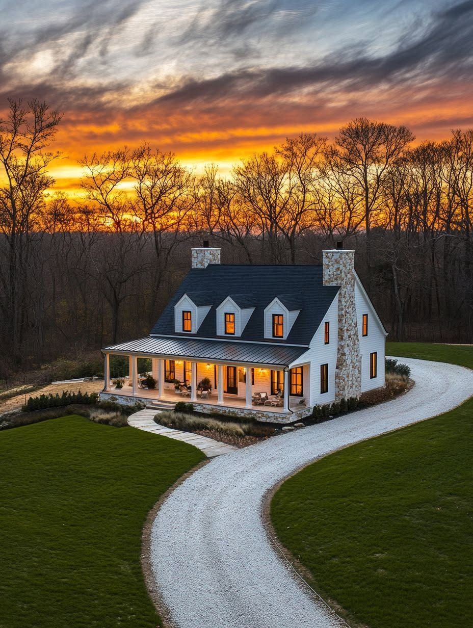 A white house with a wraparound porch sits at the end of a curved gravel driveway, surrounded by grass and trees, with a vibrant sunset sky in the background.